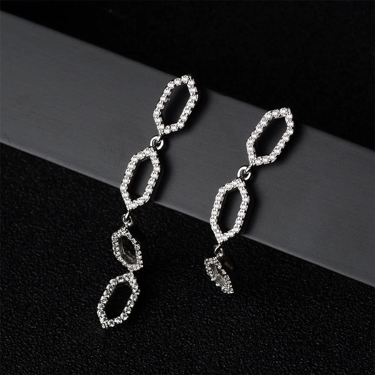Cubic Zirconia & Silver-Plated Linking Hexagon Drop Earrings