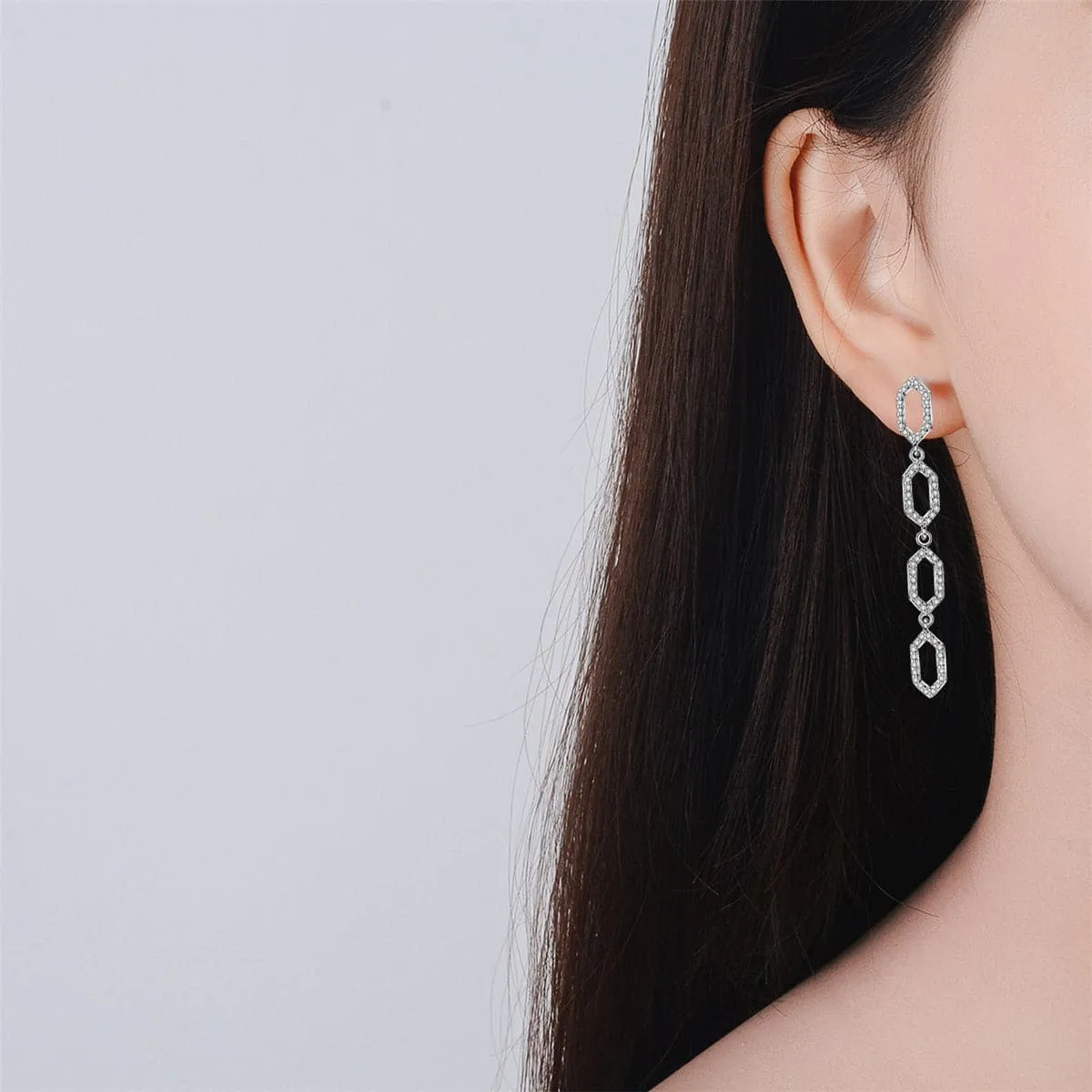 Cubic Zirconia & Silver-Plated Linking Hexagon Drop Earrings