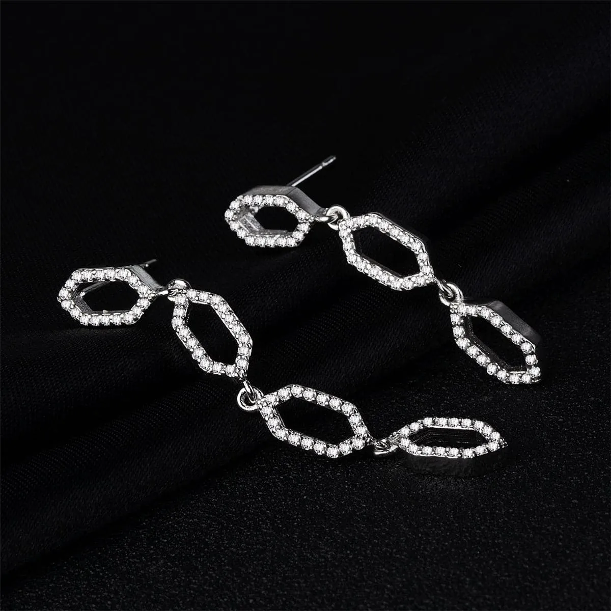 Cubic Zirconia & Silver-Plated Linking Hexagon Drop Earrings