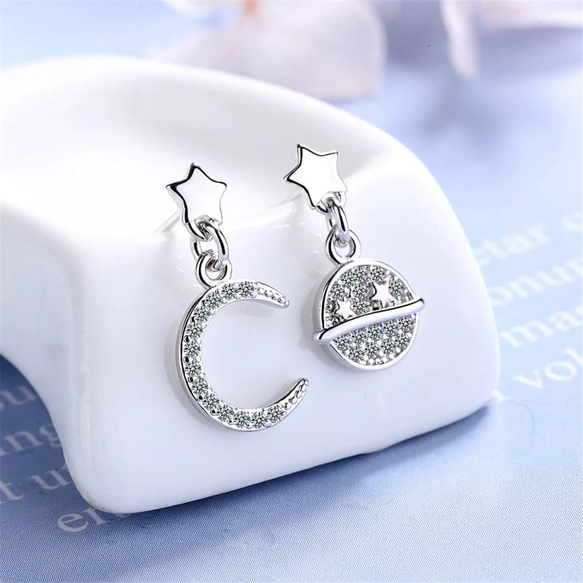 Cubic Zirconia & Silver-Plated Moon & Planet Drop Earrings