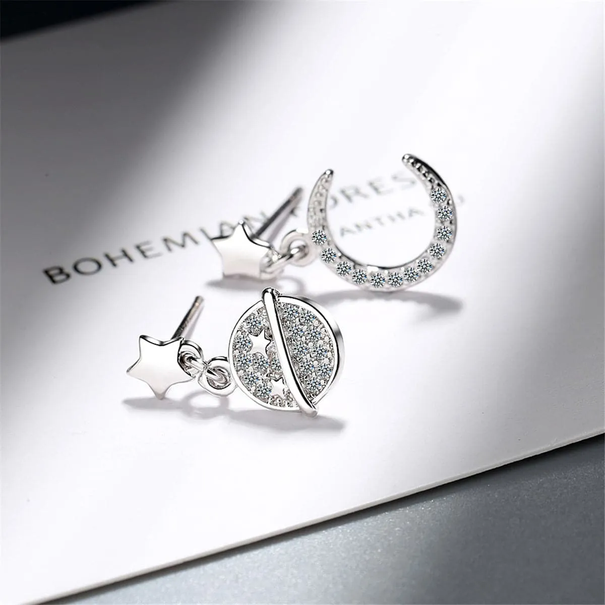 Cubic Zirconia & Silver-Plated Moon & Planet Drop Earrings
