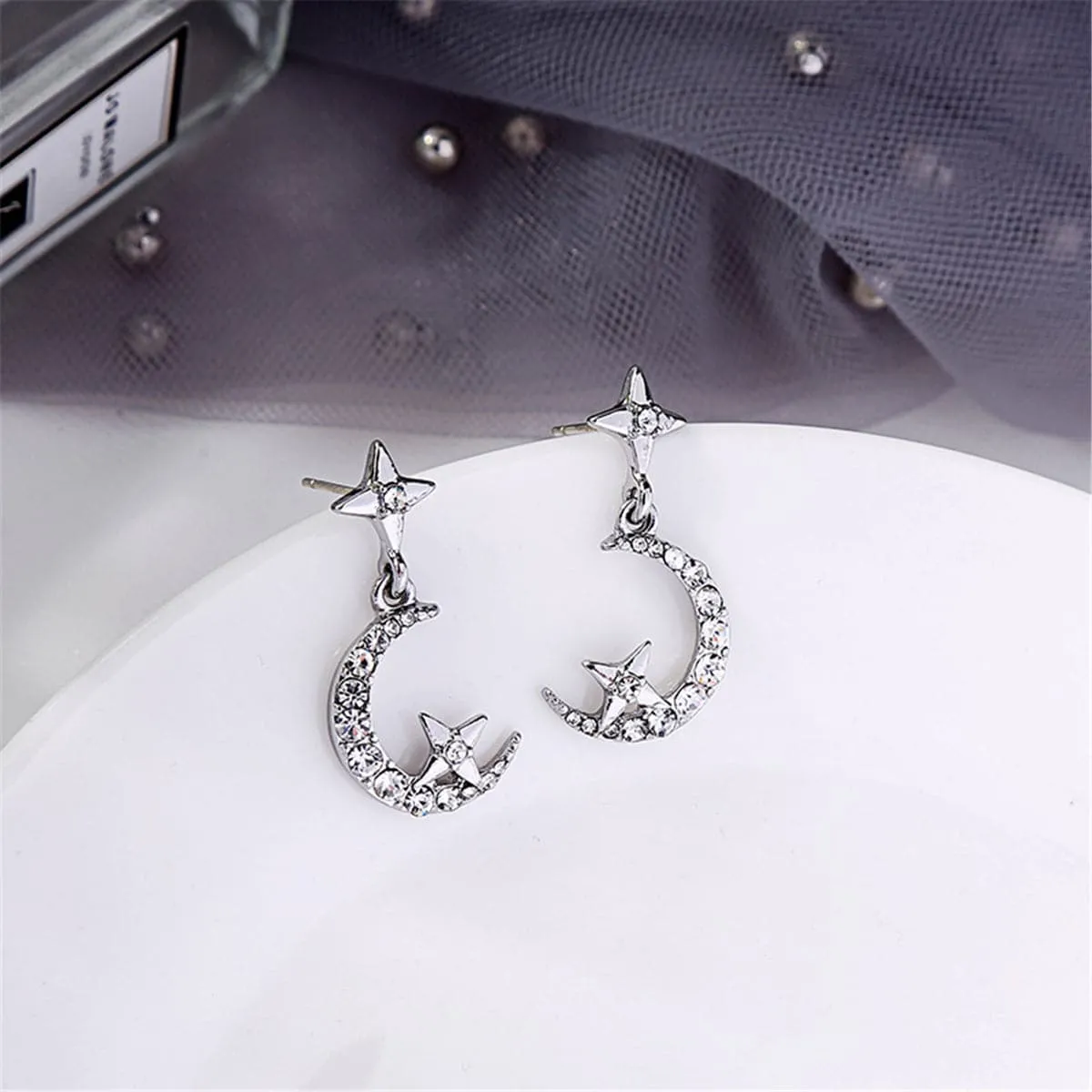 Cubic Zirconia & Silver-Plated Moon & Star Drop Earrings