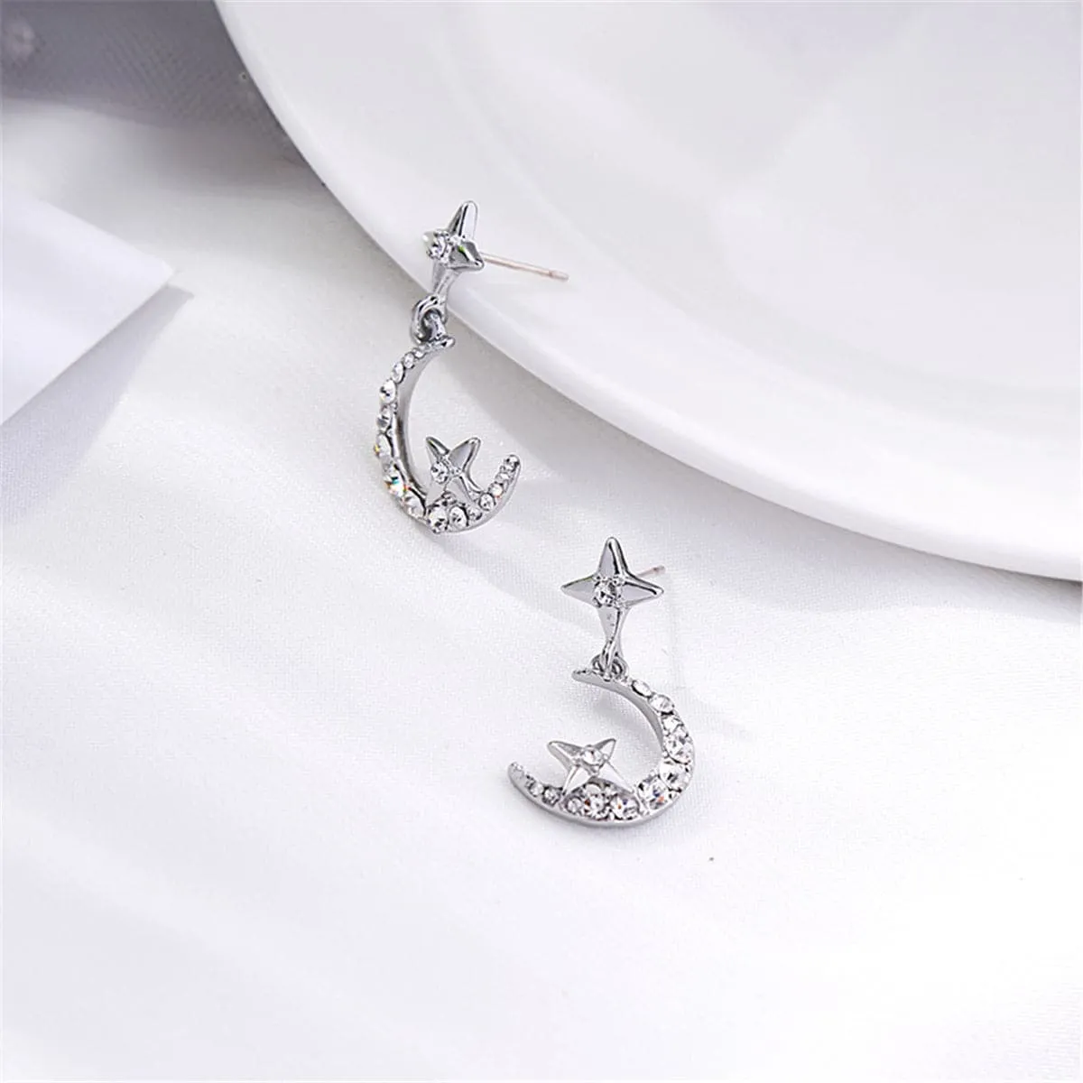 Cubic Zirconia & Silver-Plated Moon & Star Drop Earrings