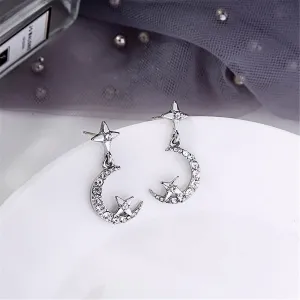 Cubic Zirconia & Silver-Plated Moon & Star Drop Earrings