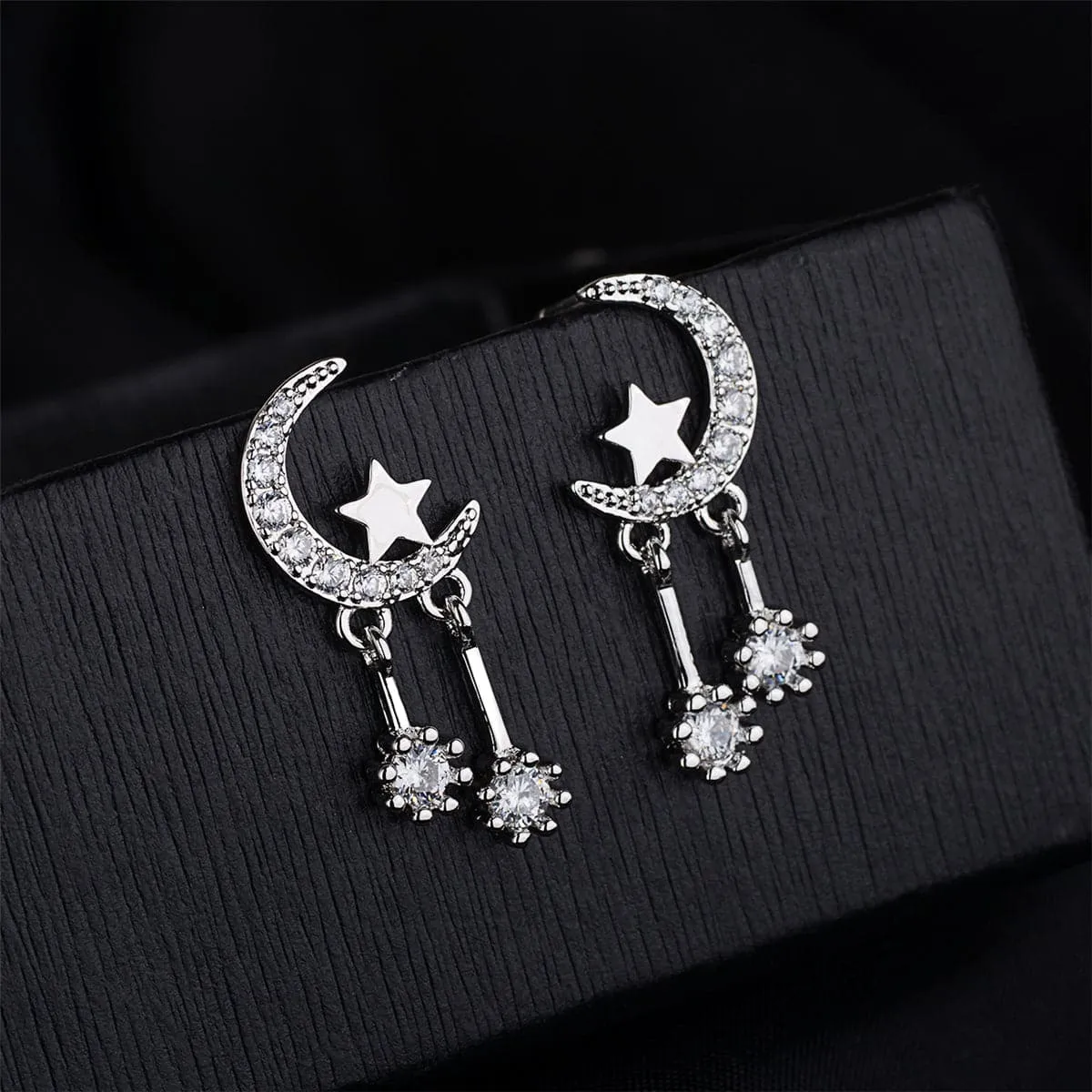 Cubic Zirconia & Silver-Plated Moon & Star Drop Earrings