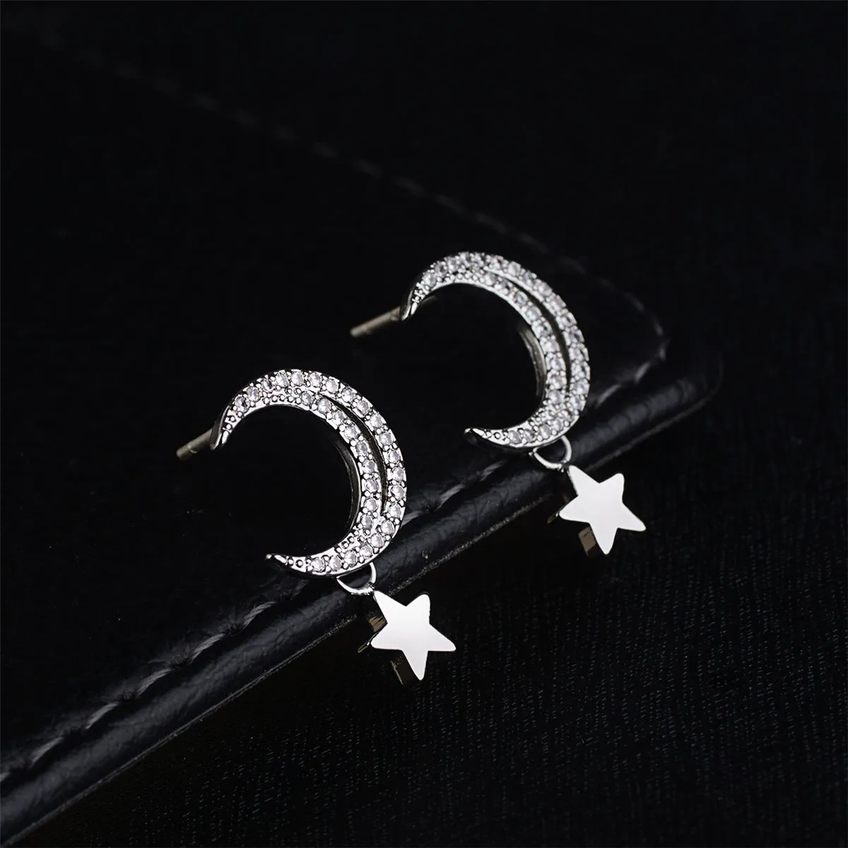 Cubic Zirconia & Silver-Plated Moon & Star Drop Earrings