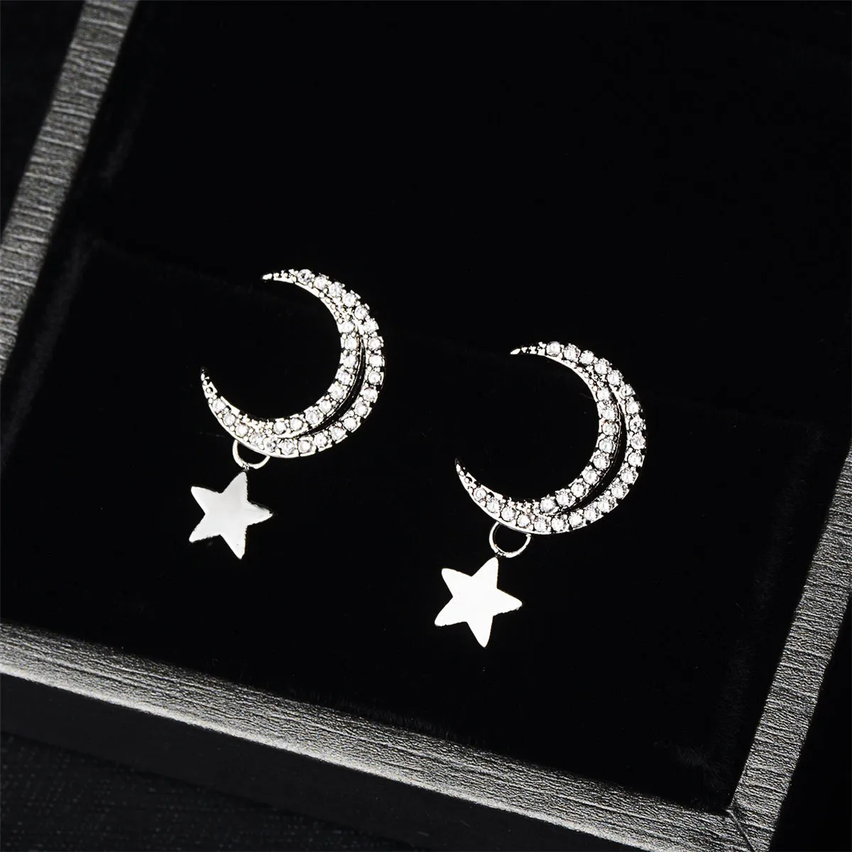 Cubic Zirconia & Silver-Plated Moon & Star Drop Earrings