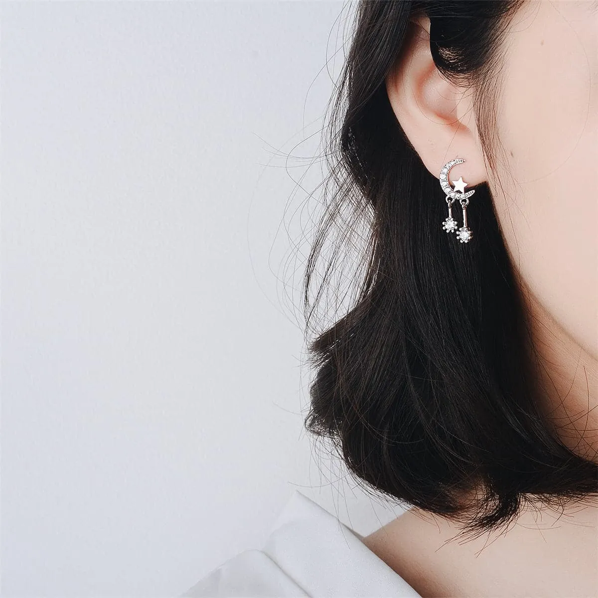Cubic Zirconia & Silver-Plated Moon & Star Drop Earrings