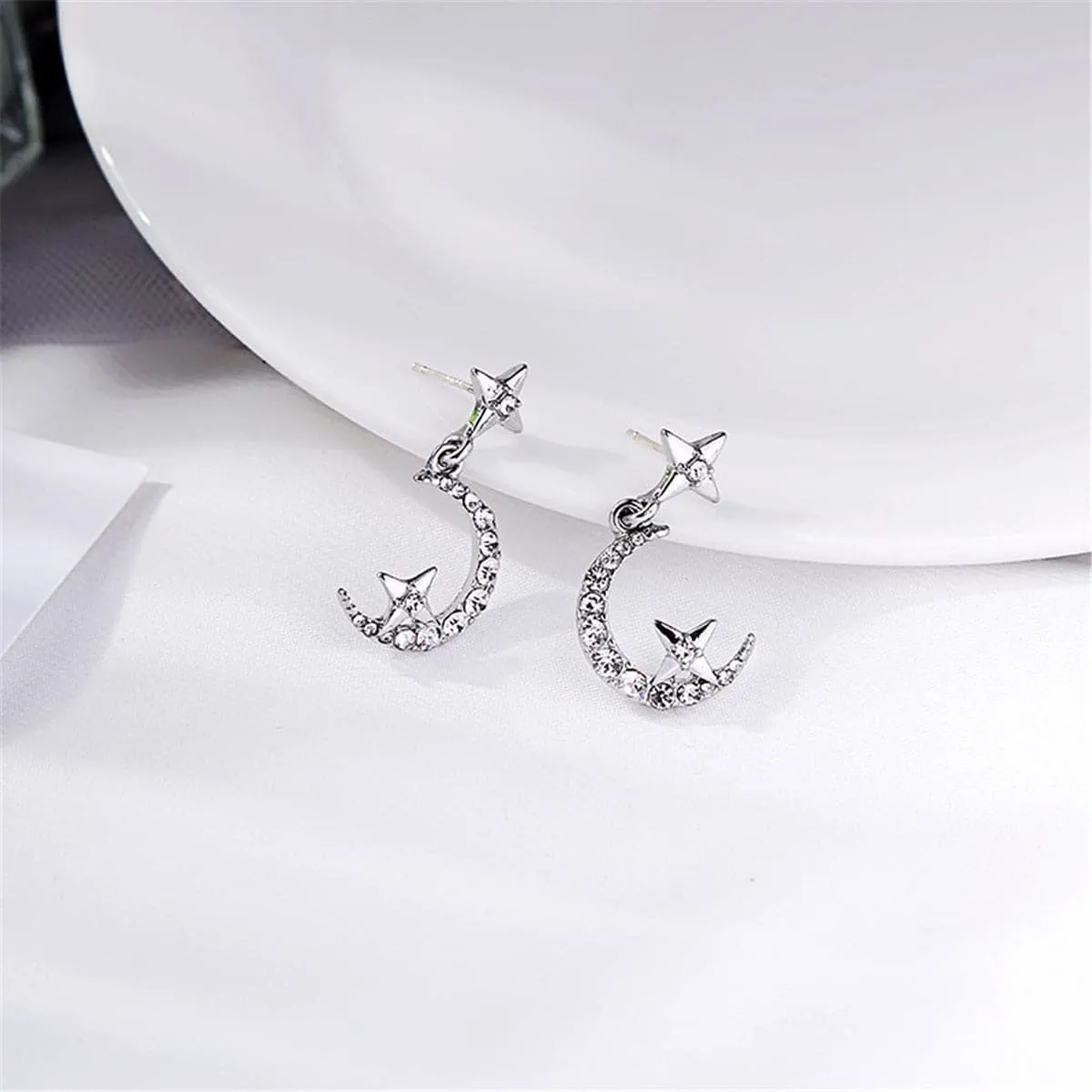 Cubic Zirconia & Silver-Plated Moon & Star Drop Earrings