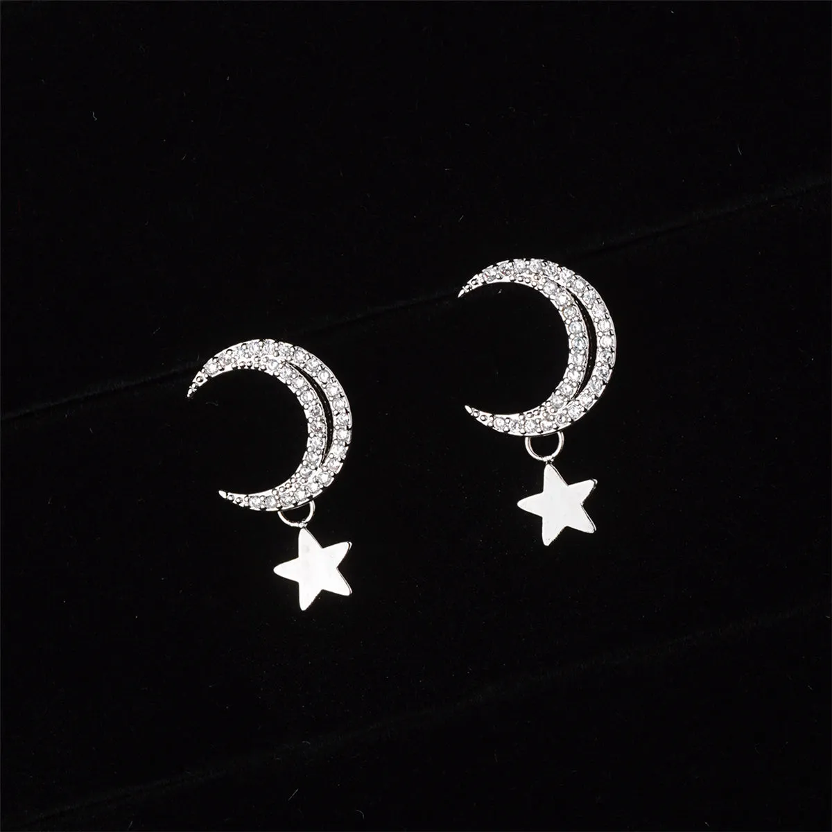 Cubic Zirconia & Silver-Plated Moon & Star Drop Earrings