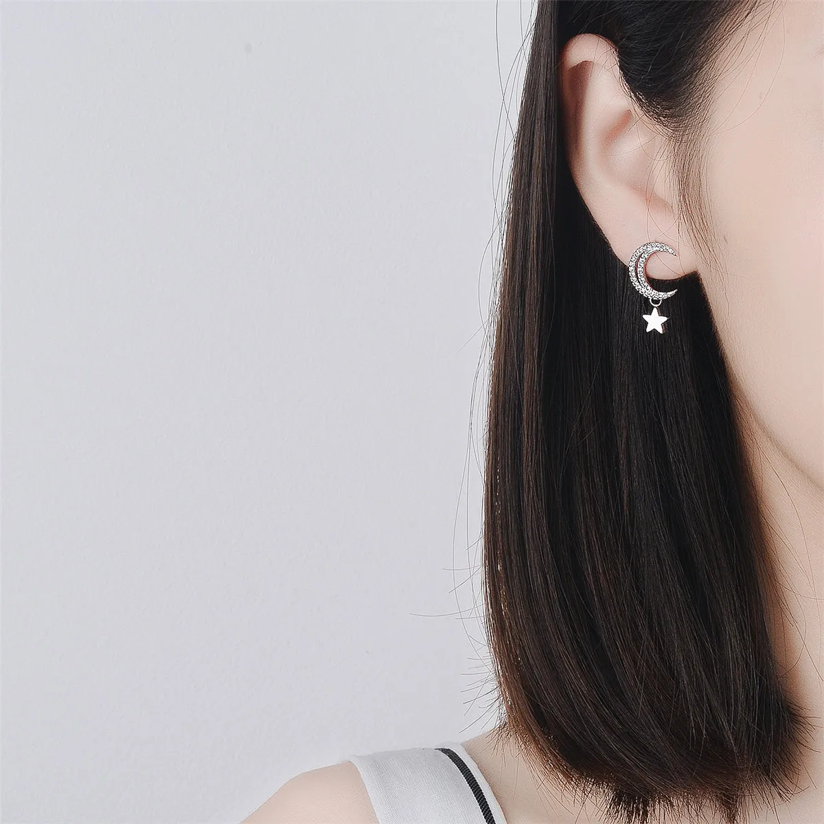 Cubic Zirconia & Silver-Plated Moon & Star Drop Earrings