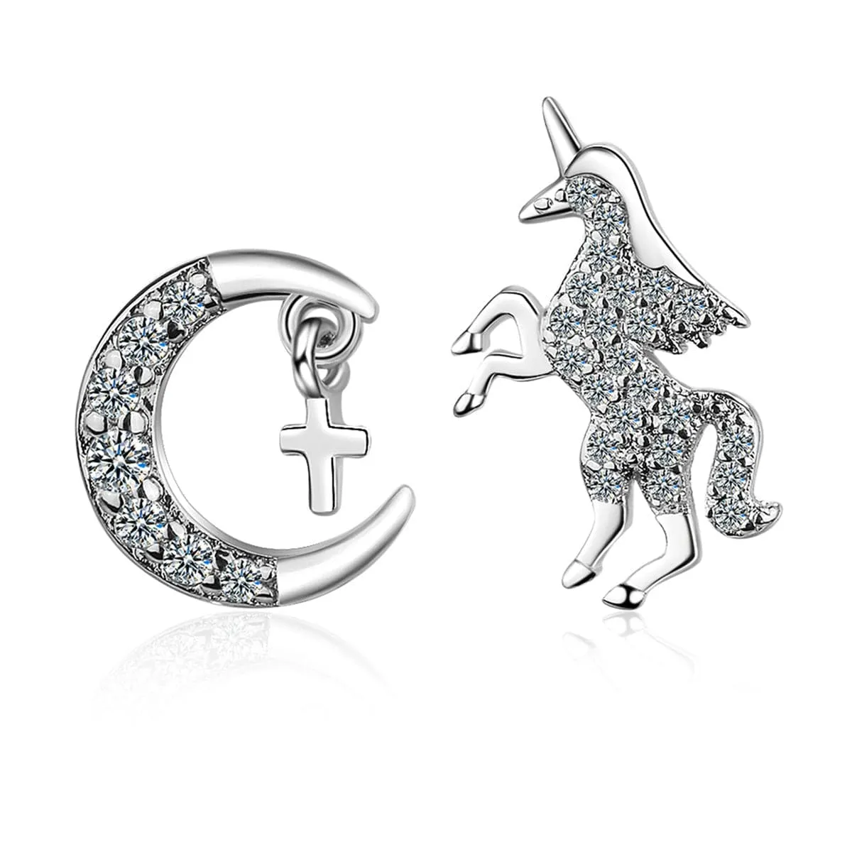 Cubic Zirconia & Silver-Plated Moon & Unicorn Stud Earrings