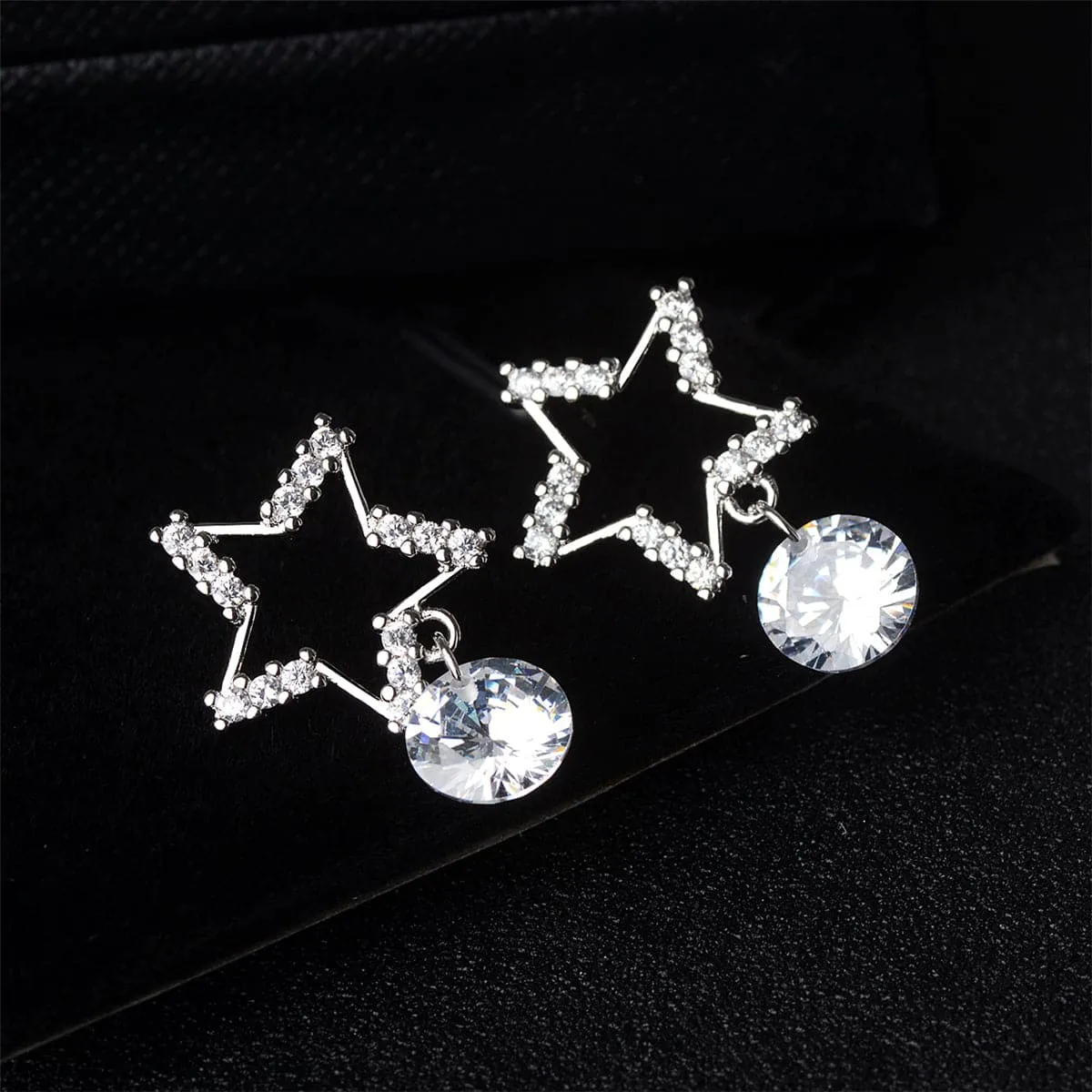 Cubic Zirconia & Silver-Plated Open-Star Drop Earrings