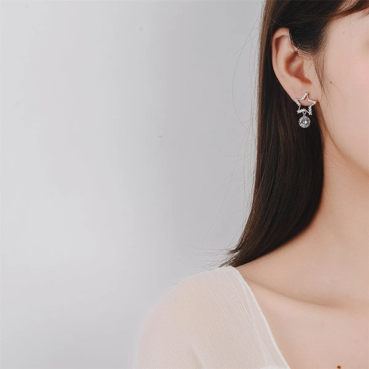 Cubic Zirconia & Silver-Plated Open-Star Drop Earrings