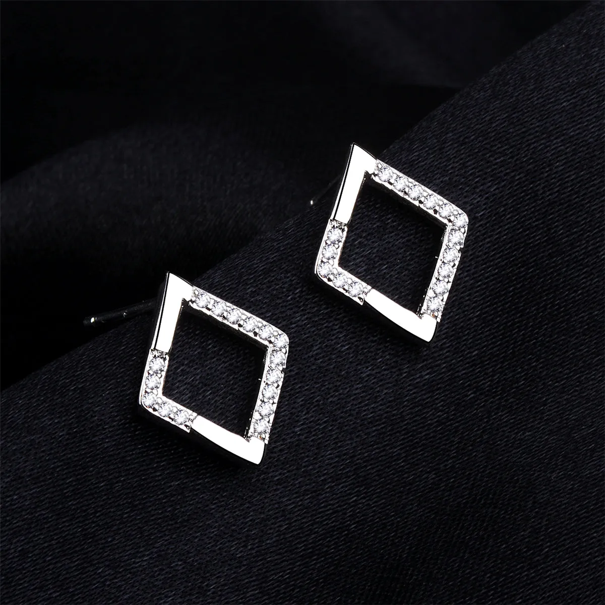 Cubic Zirconia & Silver-Plated Openwork Rhombus Stud Earrings