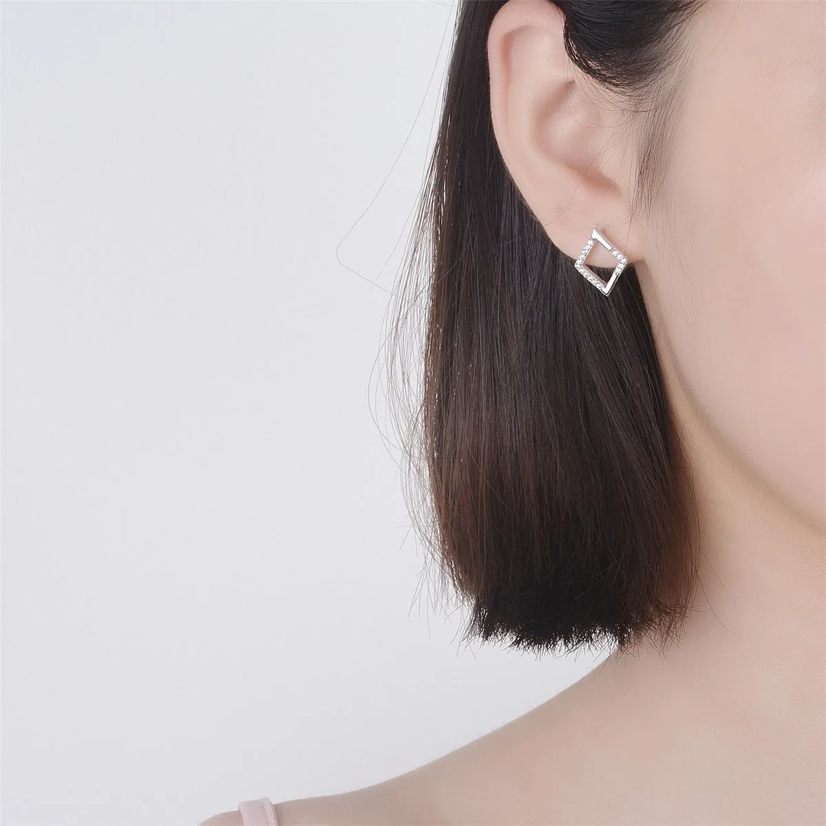 Cubic Zirconia & Silver-Plated Openwork Rhombus Stud Earrings