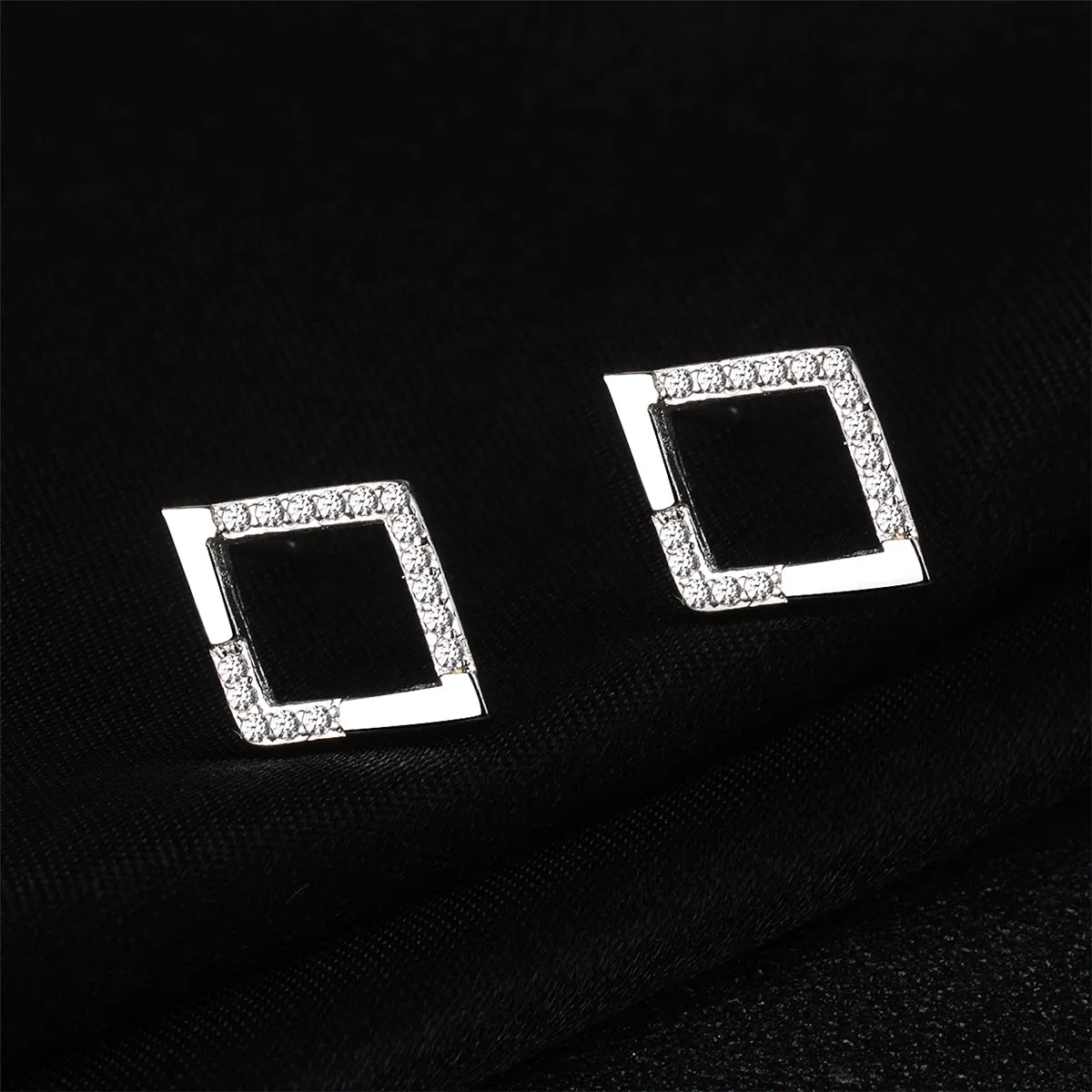 Cubic Zirconia & Silver-Plated Openwork Rhombus Stud Earrings