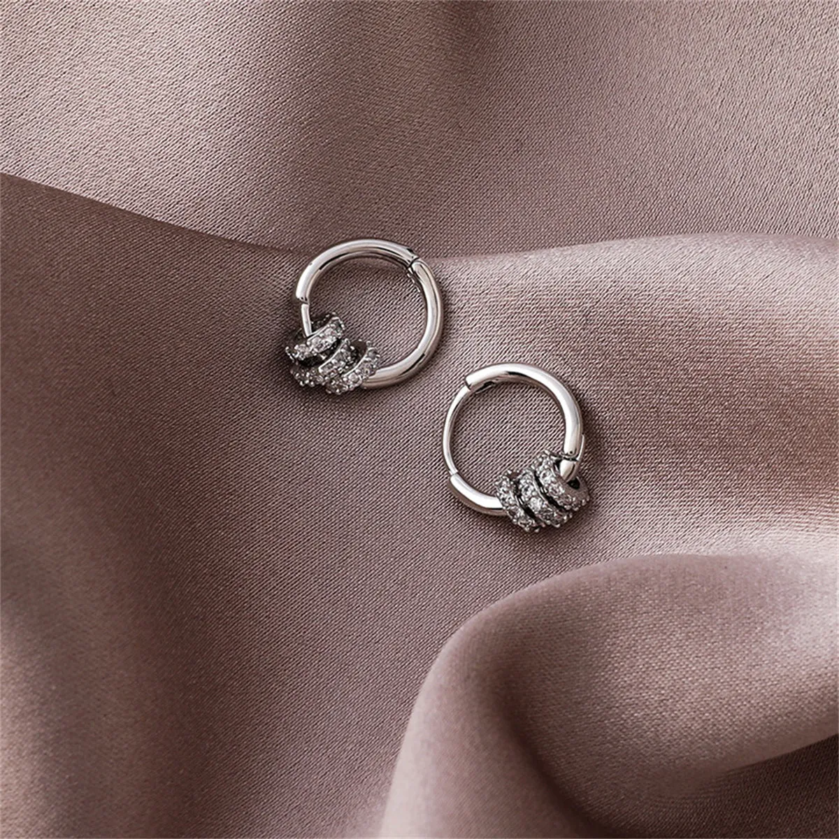 Cubic Zirconia & Silver-Plated Pavé Triple Ring Huggie Earrings