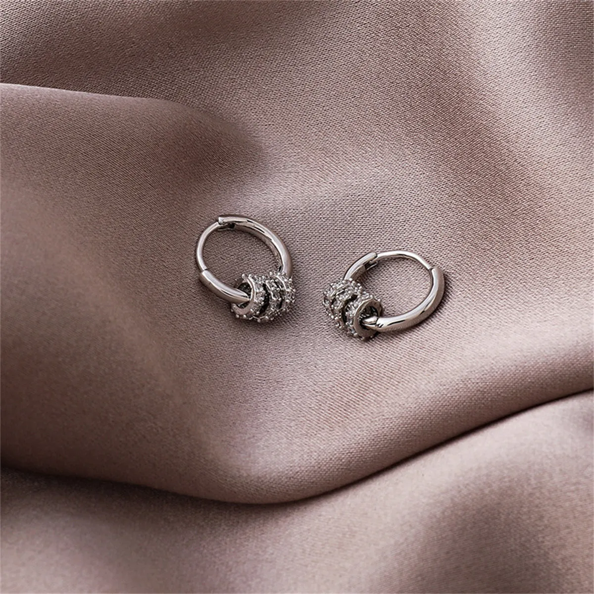 Cubic Zirconia & Silver-Plated Pavé Triple Ring Huggie Earrings