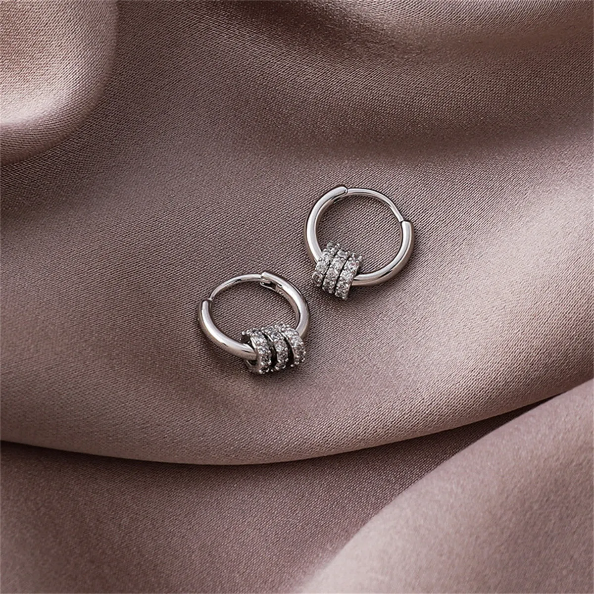 Cubic Zirconia & Silver-Plated Pavé Triple Ring Huggie Earrings
