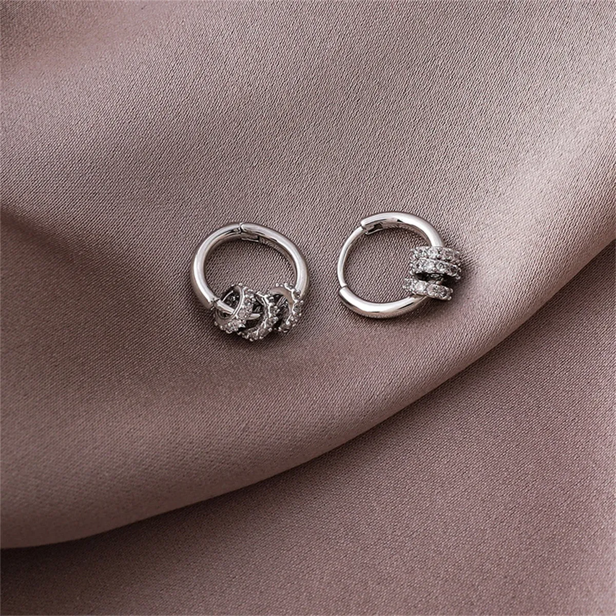 Cubic Zirconia & Silver-Plated Pavé Triple Ring Huggie Earrings