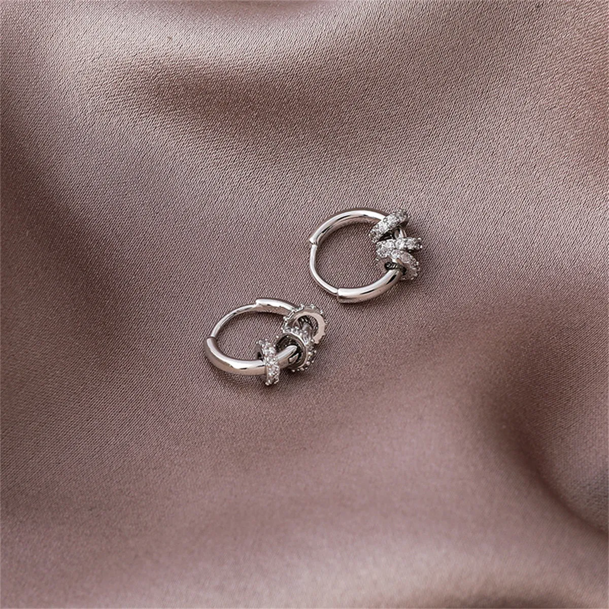 Cubic Zirconia & Silver-Plated Pavé Triple Ring Huggie Earrings