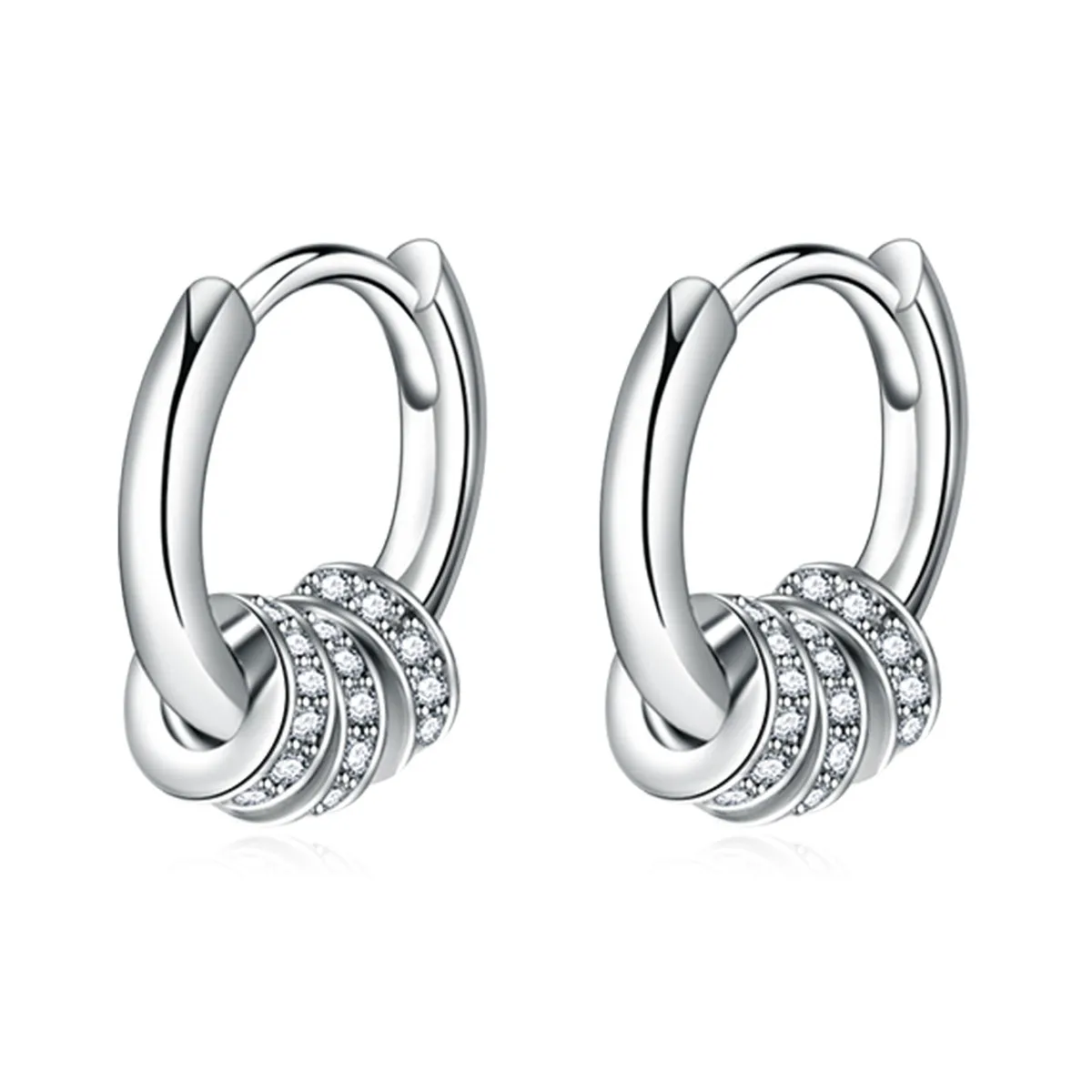 Cubic Zirconia & Silver-Plated Pavé Triple Ring Huggie Earrings