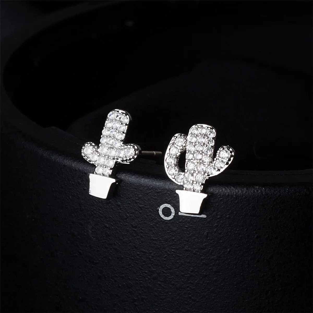 Cubic Zirconia & Silver-Plated Potted Cactus Stud Earrings