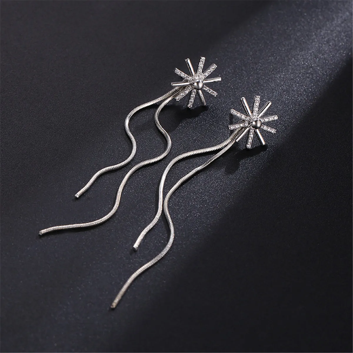 Cubic Zirconia & Silver-Plated Snowflake Tassel Ear Cuffs & Dangling Charm