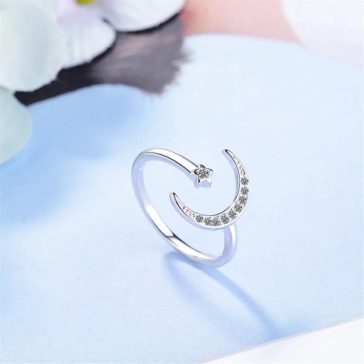 Cubic Zirconia & Silver-Plated Star & Moon Bypass Ring
