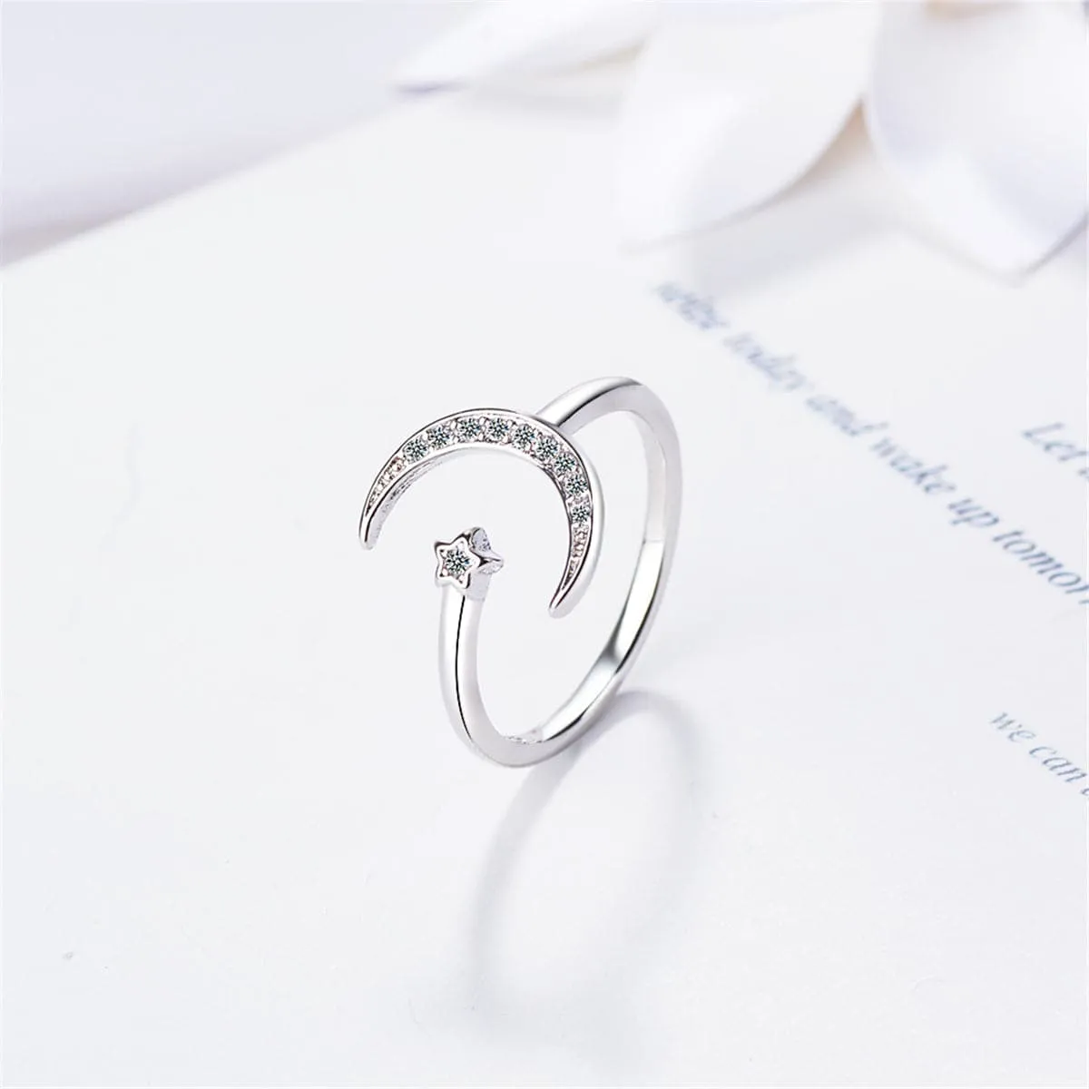 Cubic Zirconia & Silver-Plated Star & Moon Bypass Ring