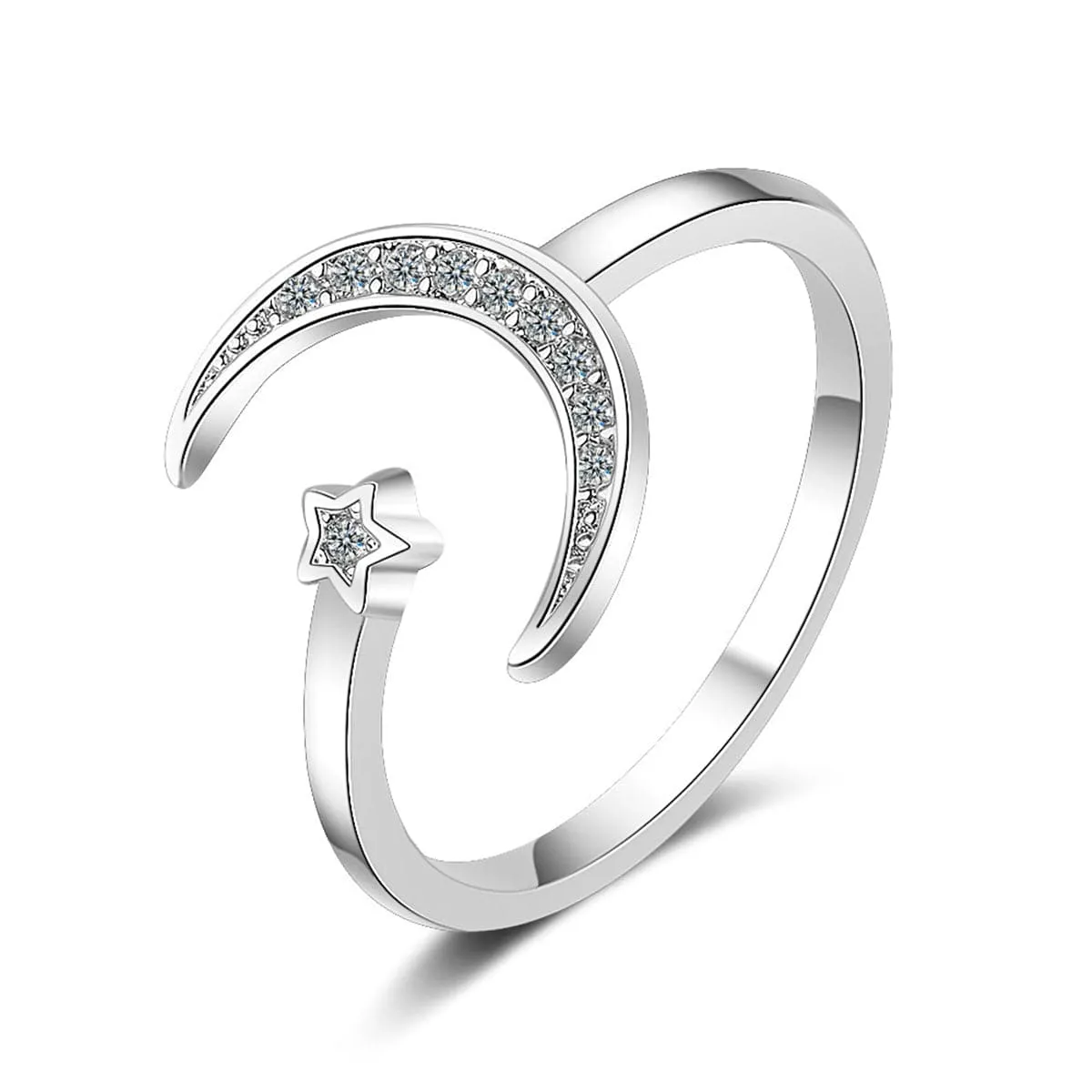 Cubic Zirconia & Silver-Plated Star & Moon Bypass Ring