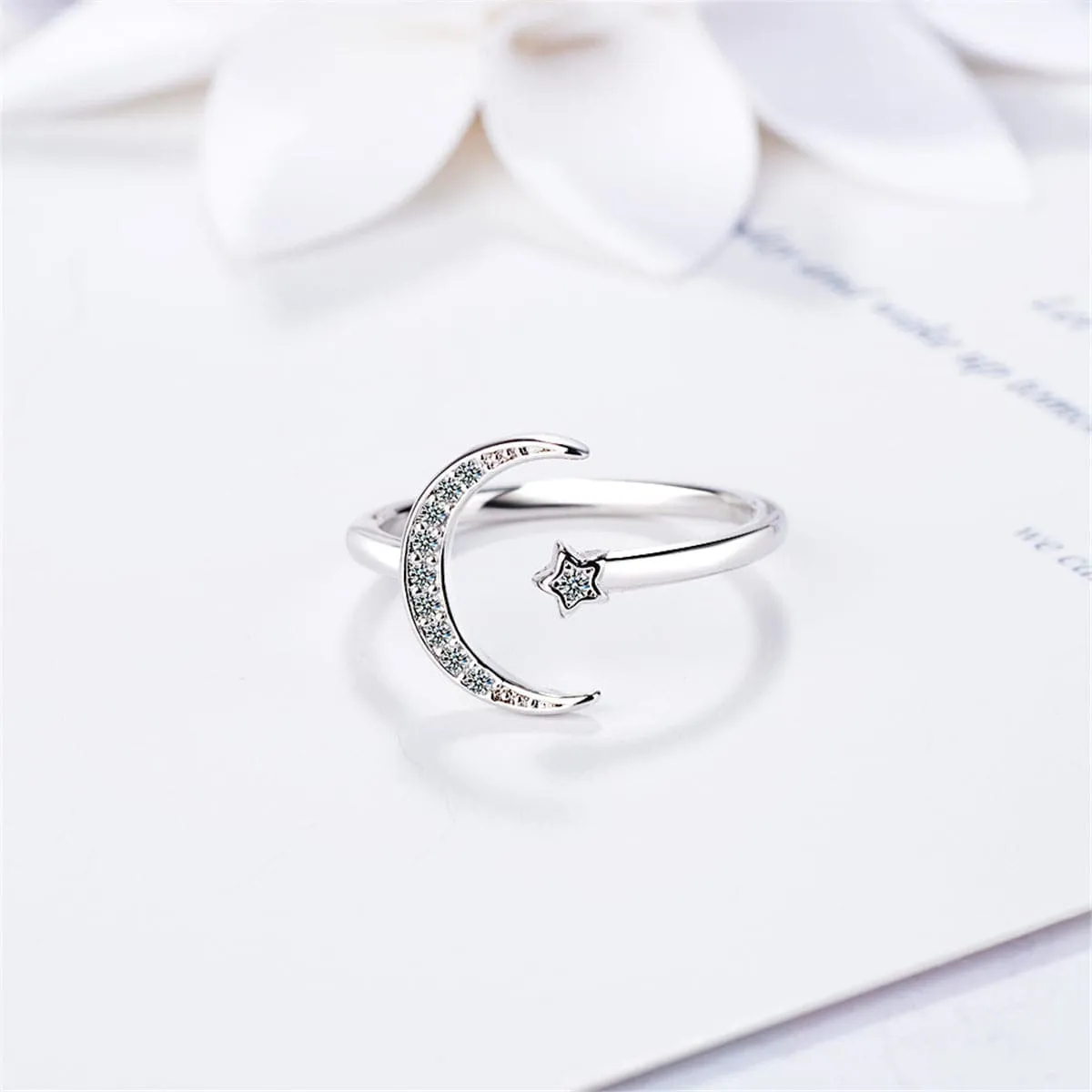 Cubic Zirconia & Silver-Plated Star & Moon Bypass Ring