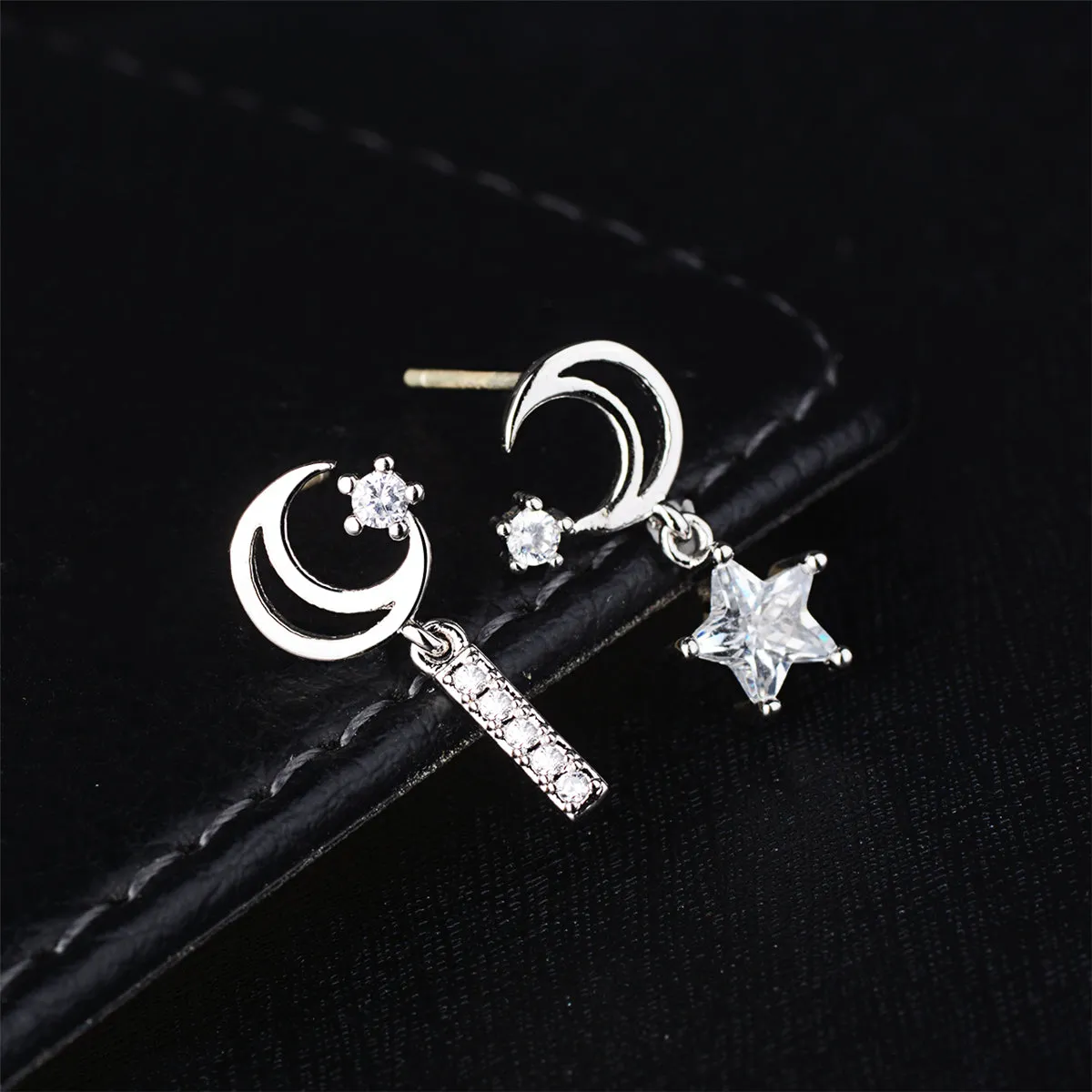Cubic Zirconia & Silver-Plated Star & Moon Drop Earrings