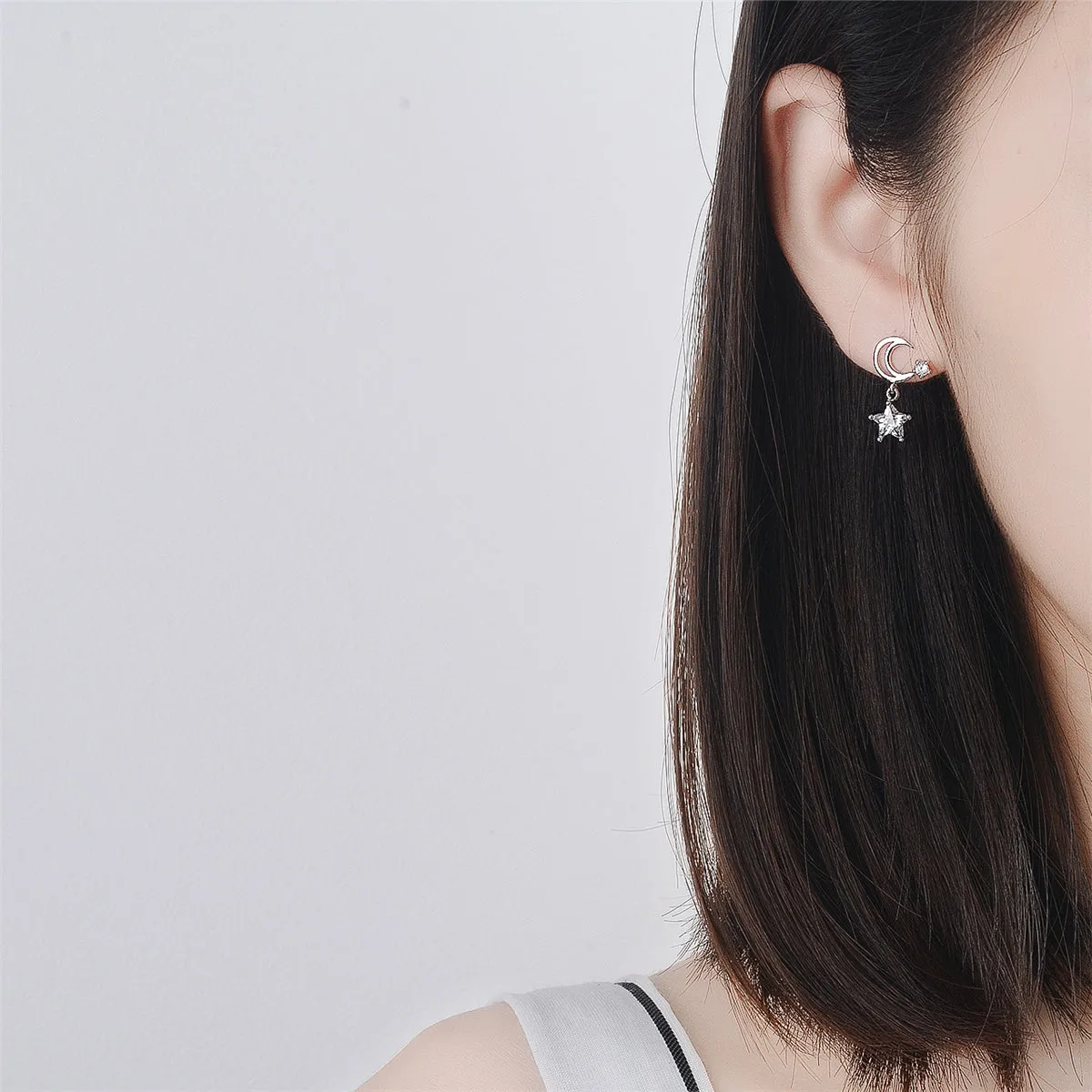 Cubic Zirconia & Silver-Plated Star & Moon Drop Earrings