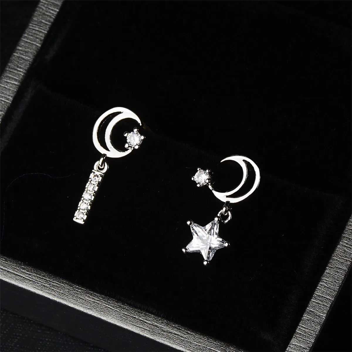 Cubic Zirconia & Silver-Plated Star & Moon Drop Earrings