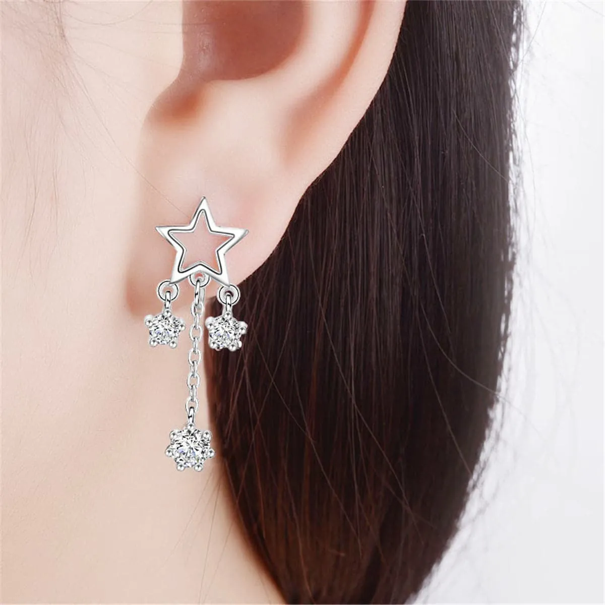 Cubic Zirconia & Silver-Plated Star Drop Earrings