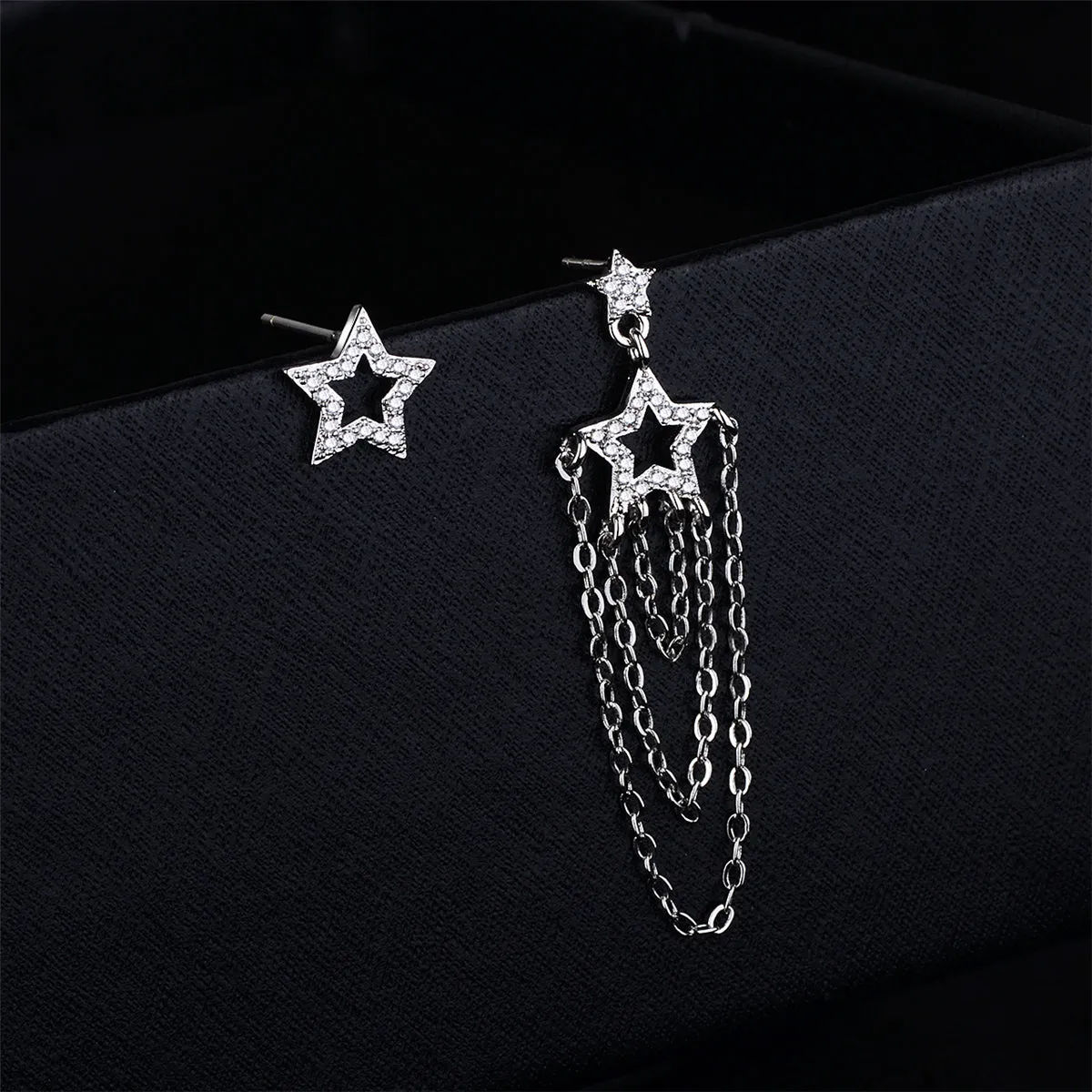 Cubic Zirconia & Silver-Plated Star Tassel-Drop Stud Earrings