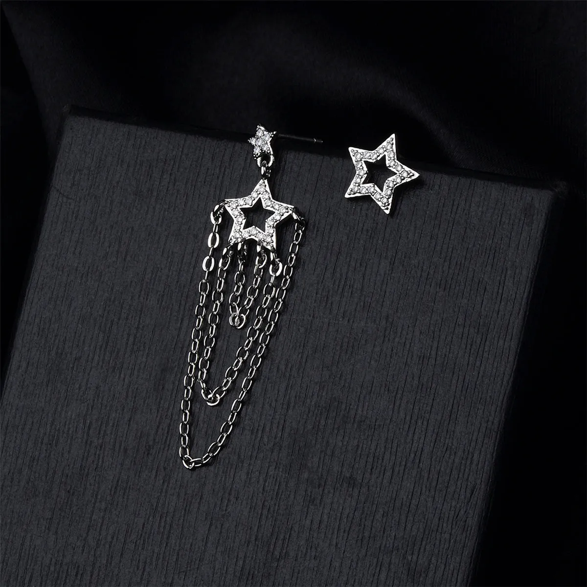 Cubic Zirconia & Silver-Plated Star Tassel-Drop Stud Earrings