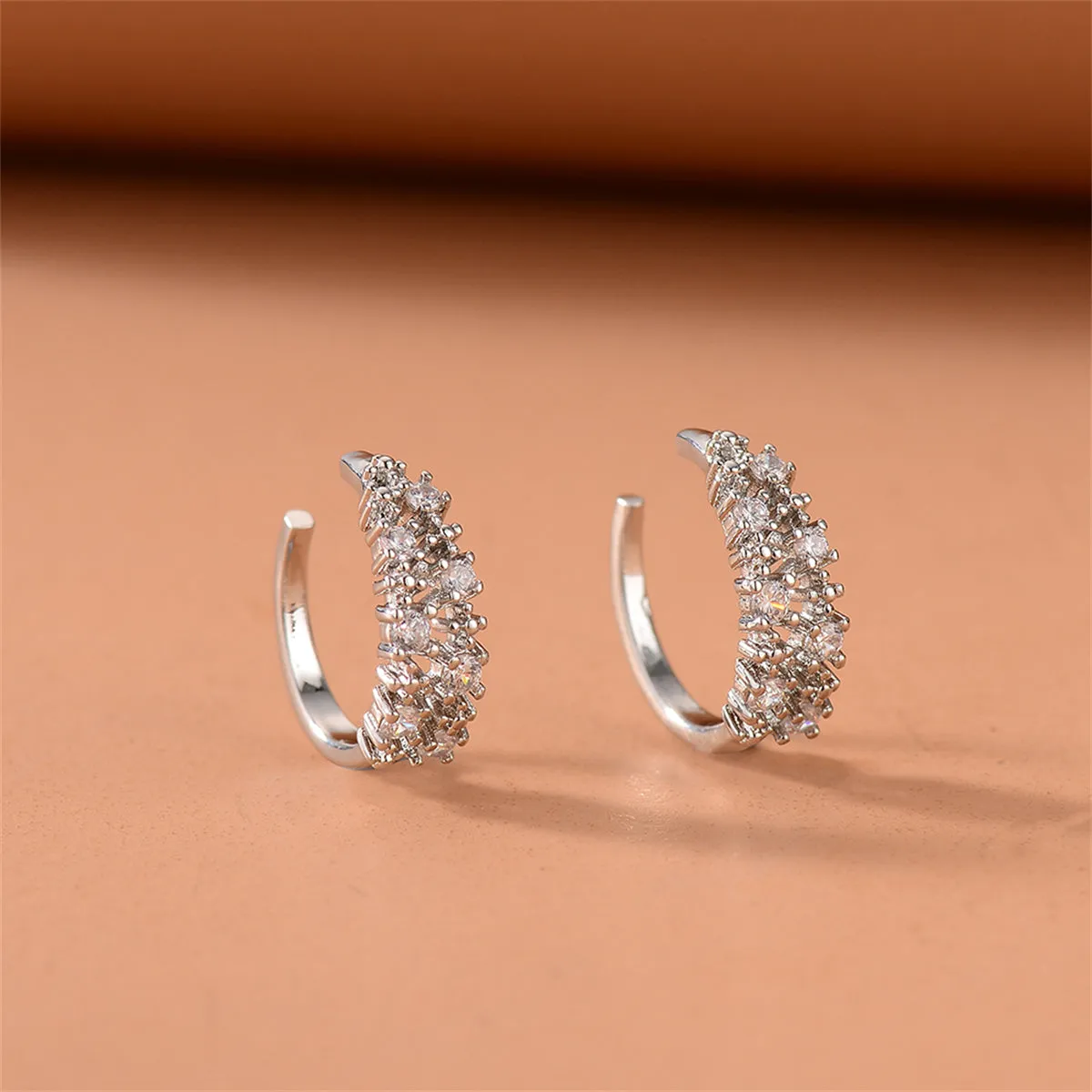 Cubic Zirconia & Silver-Plated Textured Ear Cuffs