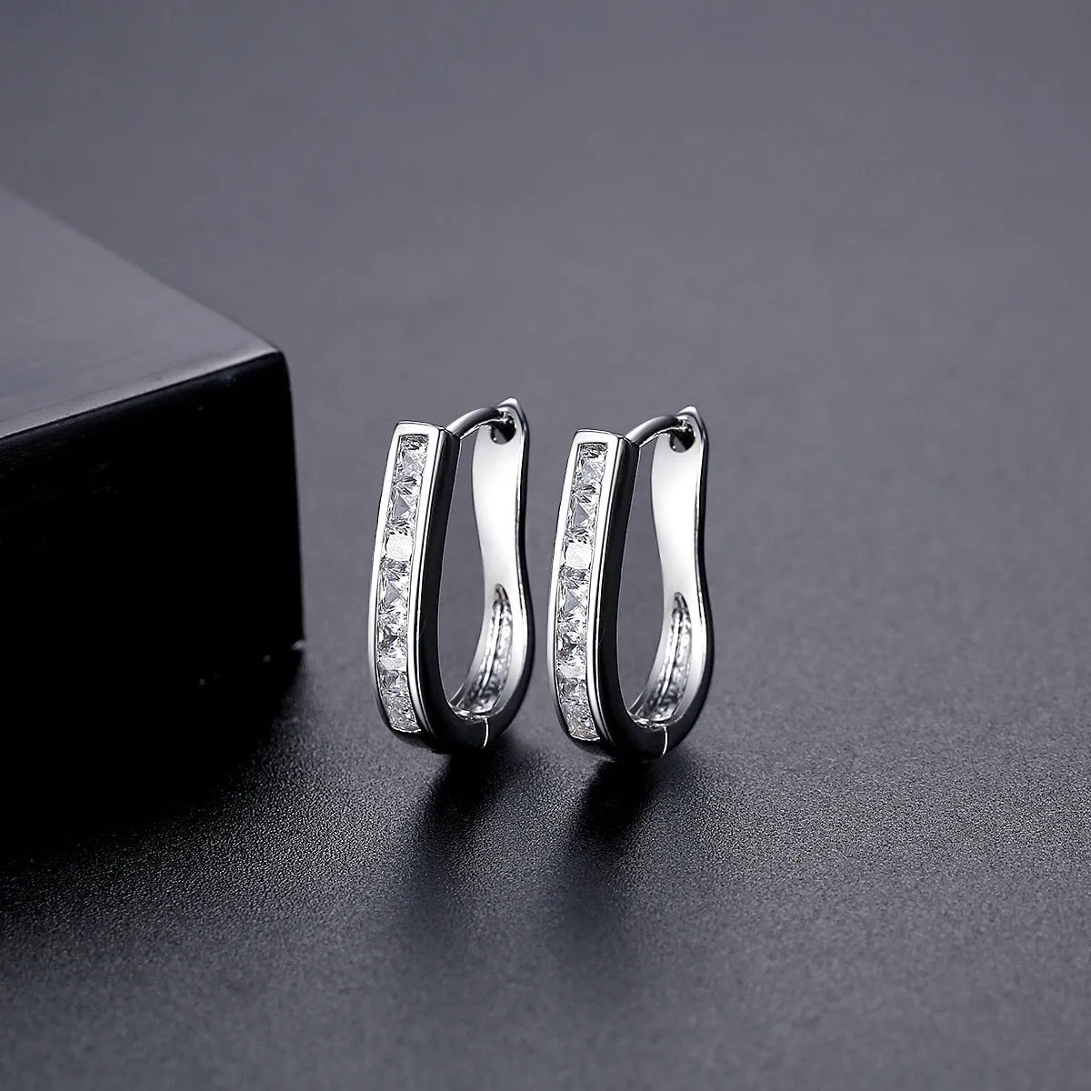 Cubic Zirconia & Silver-Plated U-Shape Huggie Earrings