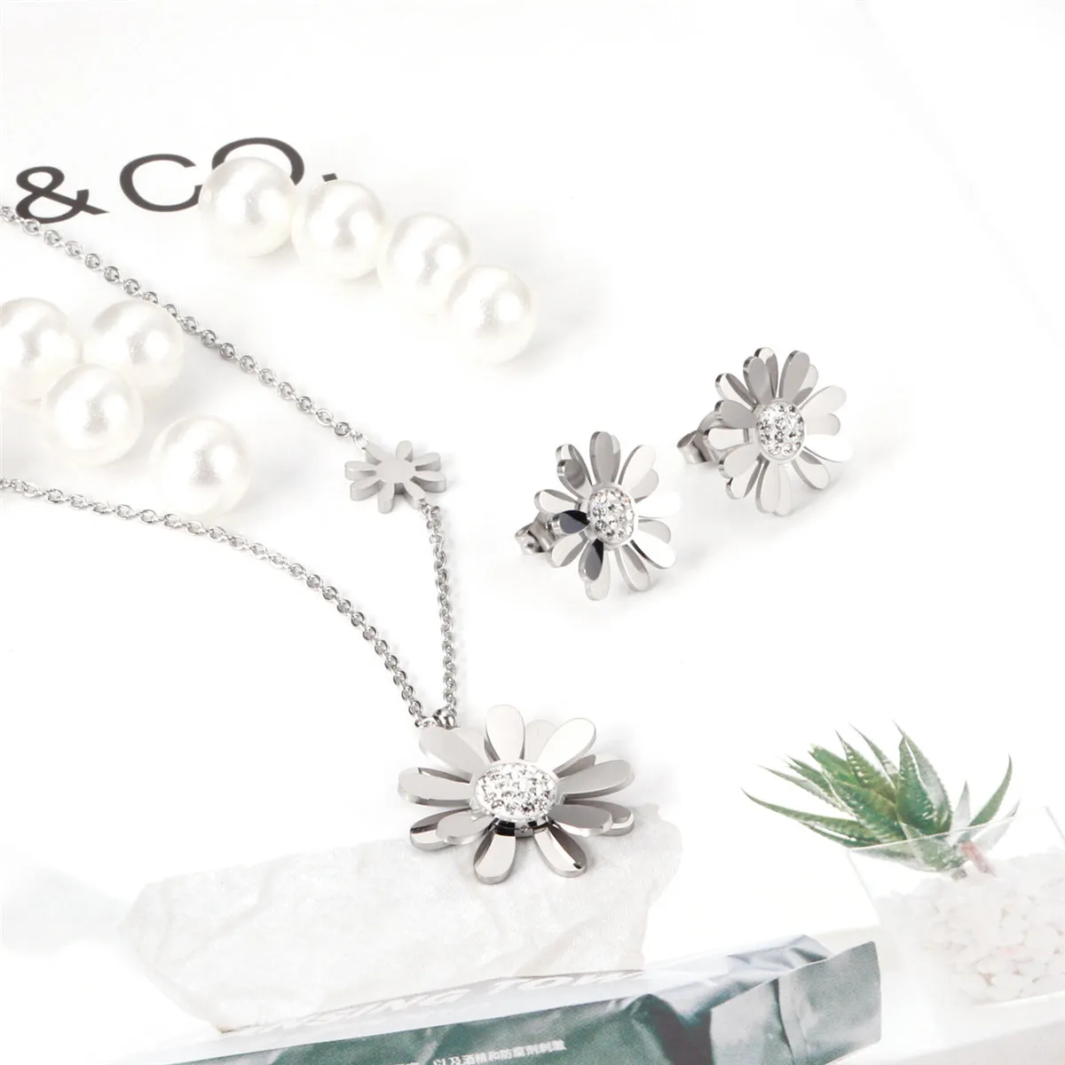 Cubic Zirconia & Stainless Steel Mum Stud Earrings & Pendant Necklace