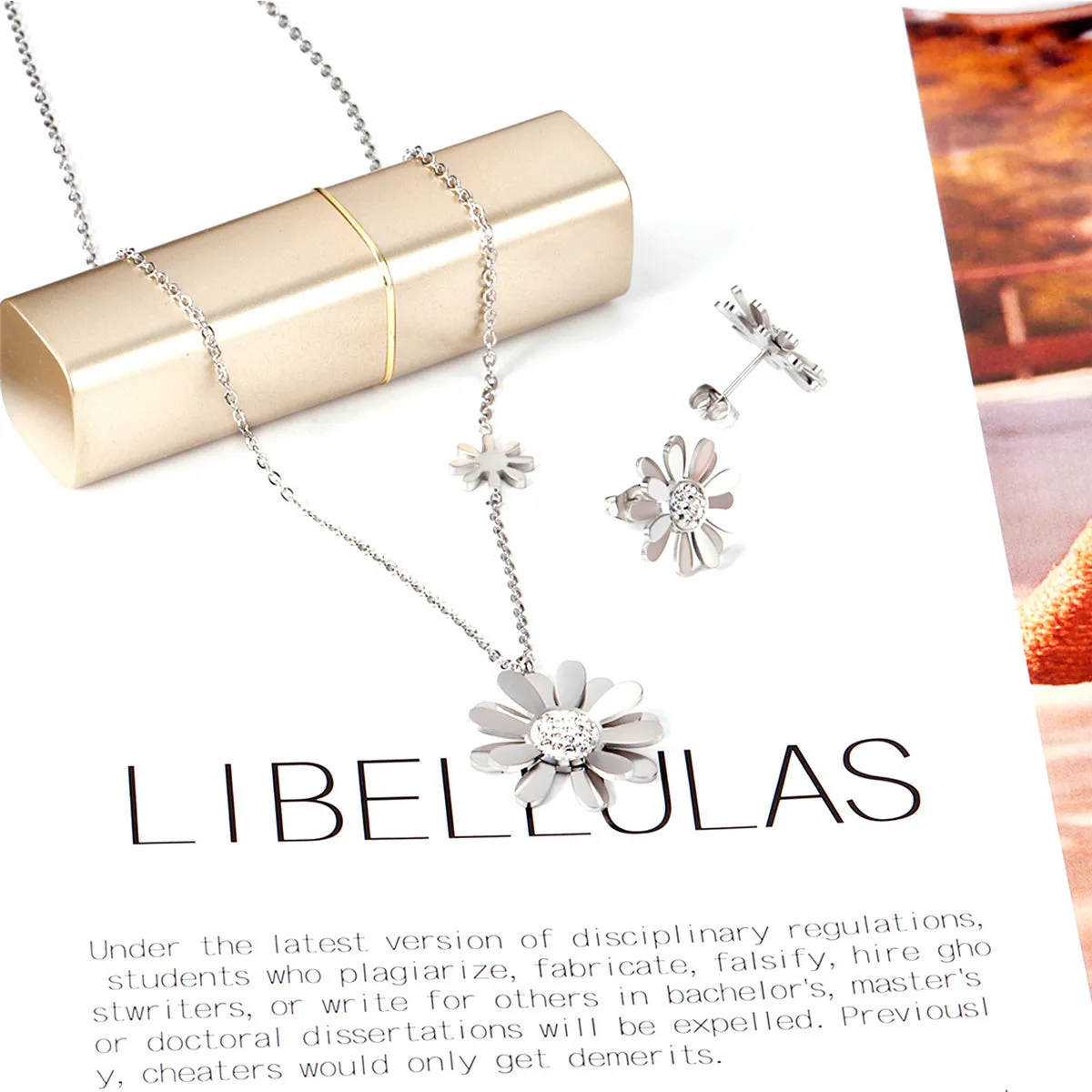 Cubic Zirconia & Stainless Steel Mum Stud Earrings & Pendant Necklace