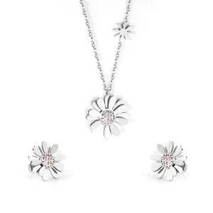 Cubic Zirconia & Stainless Steel Mum Stud Earrings & Pendant Necklace