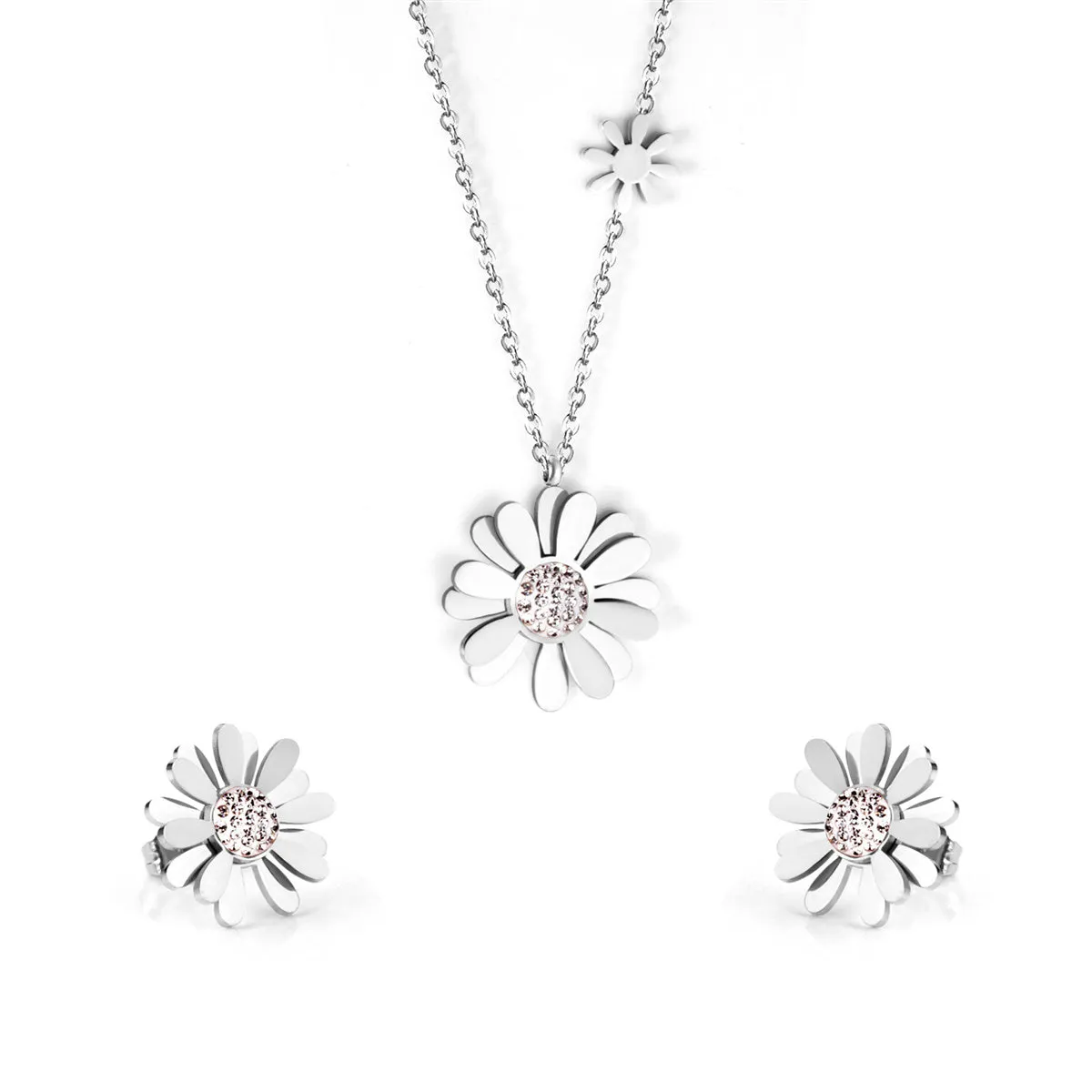 Cubic Zirconia & Stainless Steel Mum Stud Earrings & Pendant Necklace