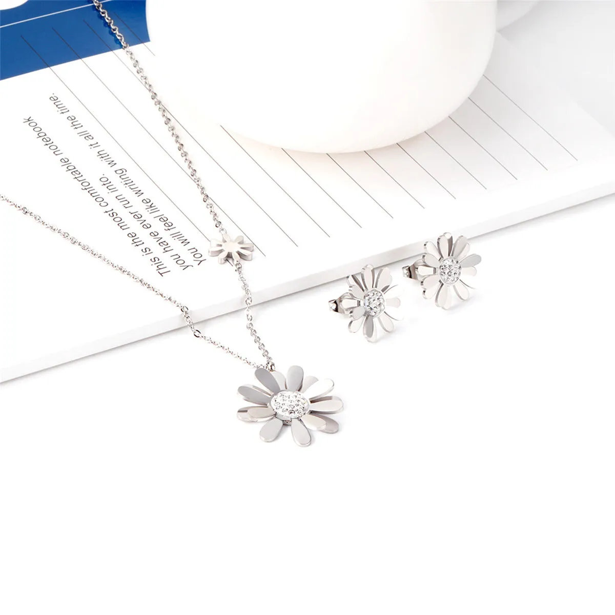 Cubic Zirconia & Stainless Steel Mum Stud Earrings & Pendant Necklace