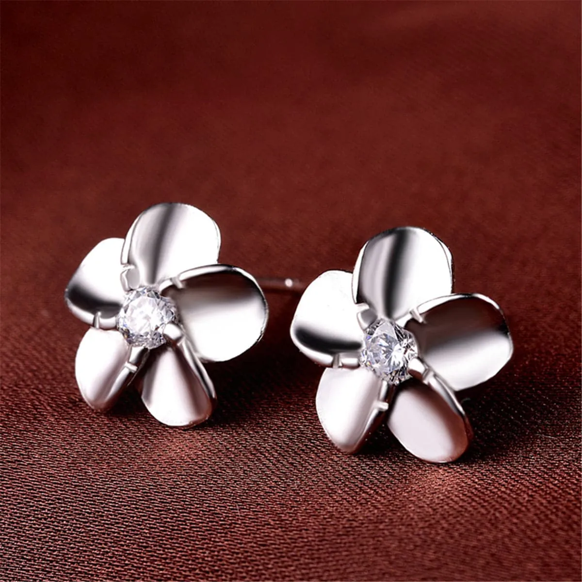 Cubic Zirconia & Sterling Silver Flower Stud Earrings