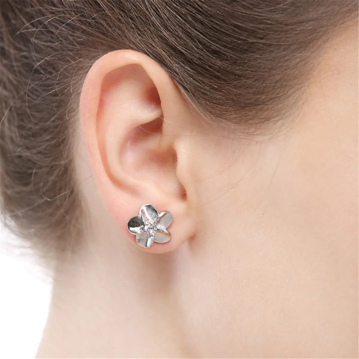 Cubic Zirconia & Sterling Silver Flower Stud Earrings