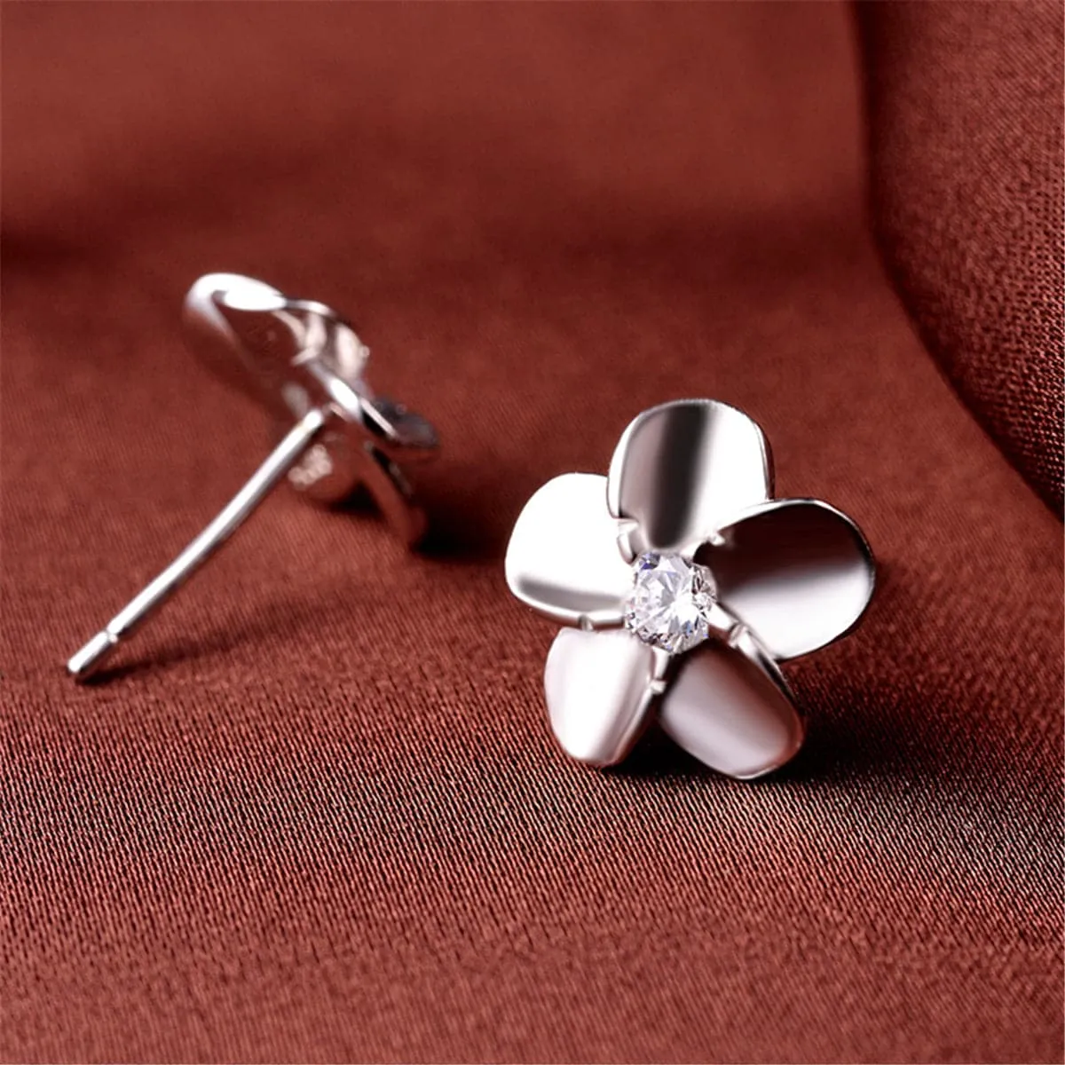 Cubic Zirconia & Sterling Silver Flower Stud Earrings