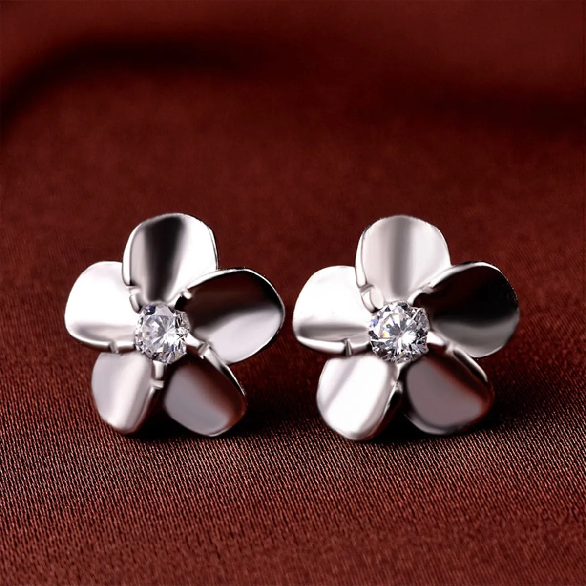 Cubic Zirconia & Sterling Silver Flower Stud Earrings